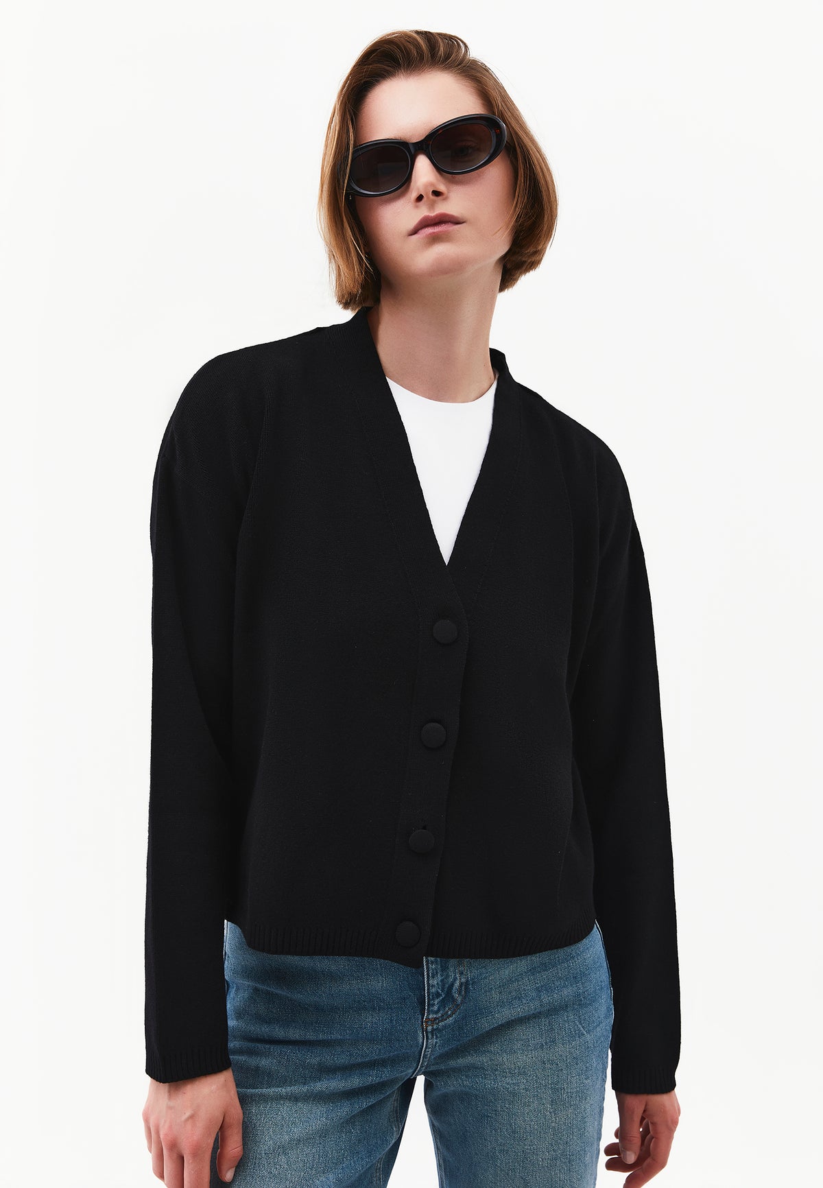 V-Neck Long Sleeve Cardigan - Black