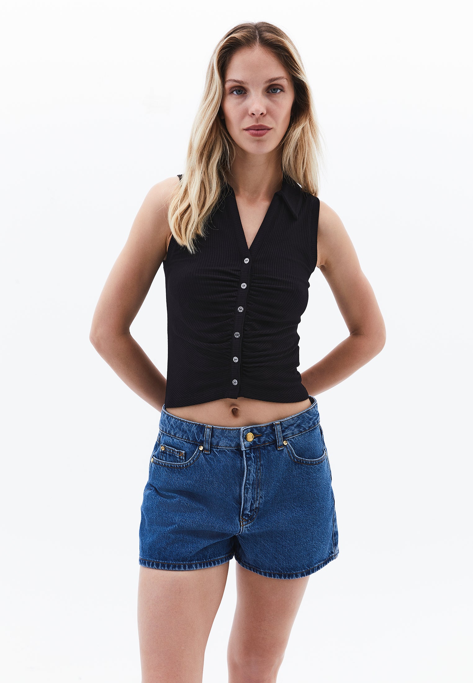 Polo Neck Tank Top - BLACK
