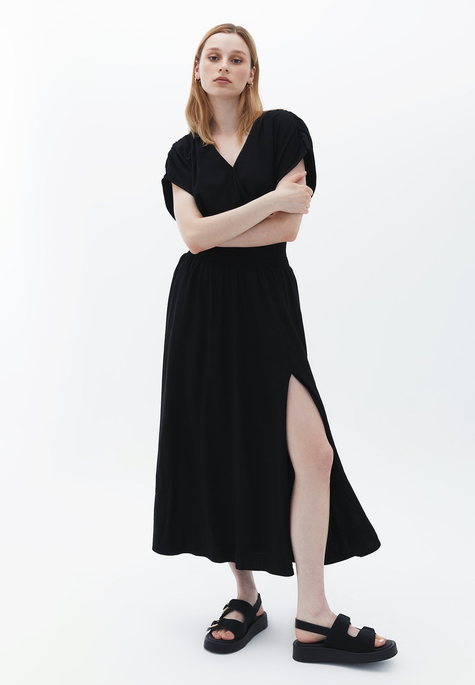 فستان طويل مزدوج الصدر - أسود