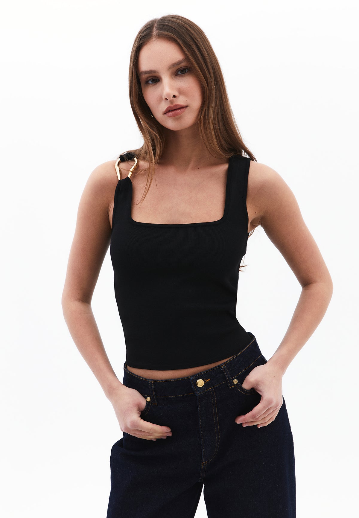 Buckled Crew Neck Tank Top - Black
