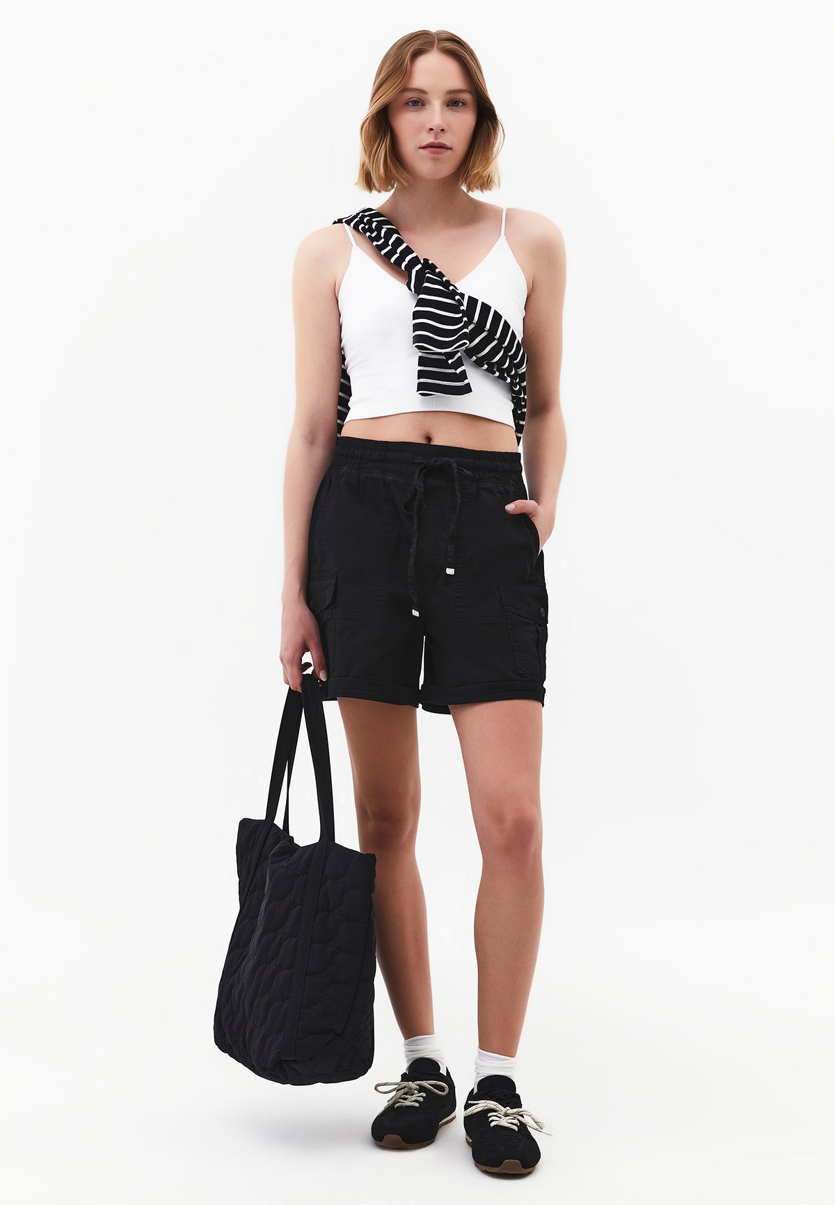 Ultra High Waist Elastic Waistband Tie Shorts - Black