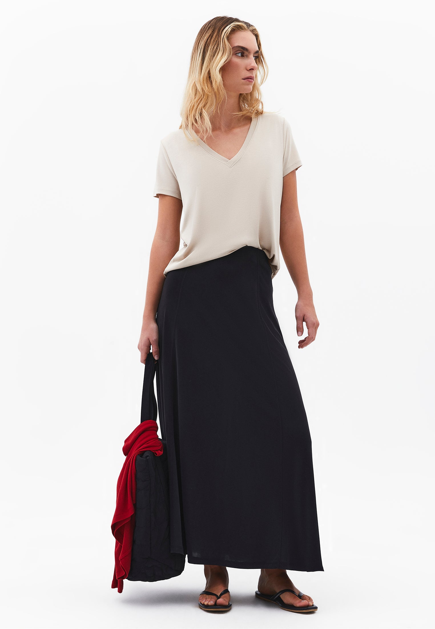 High Waist A Line Midi Skirt - BLACK