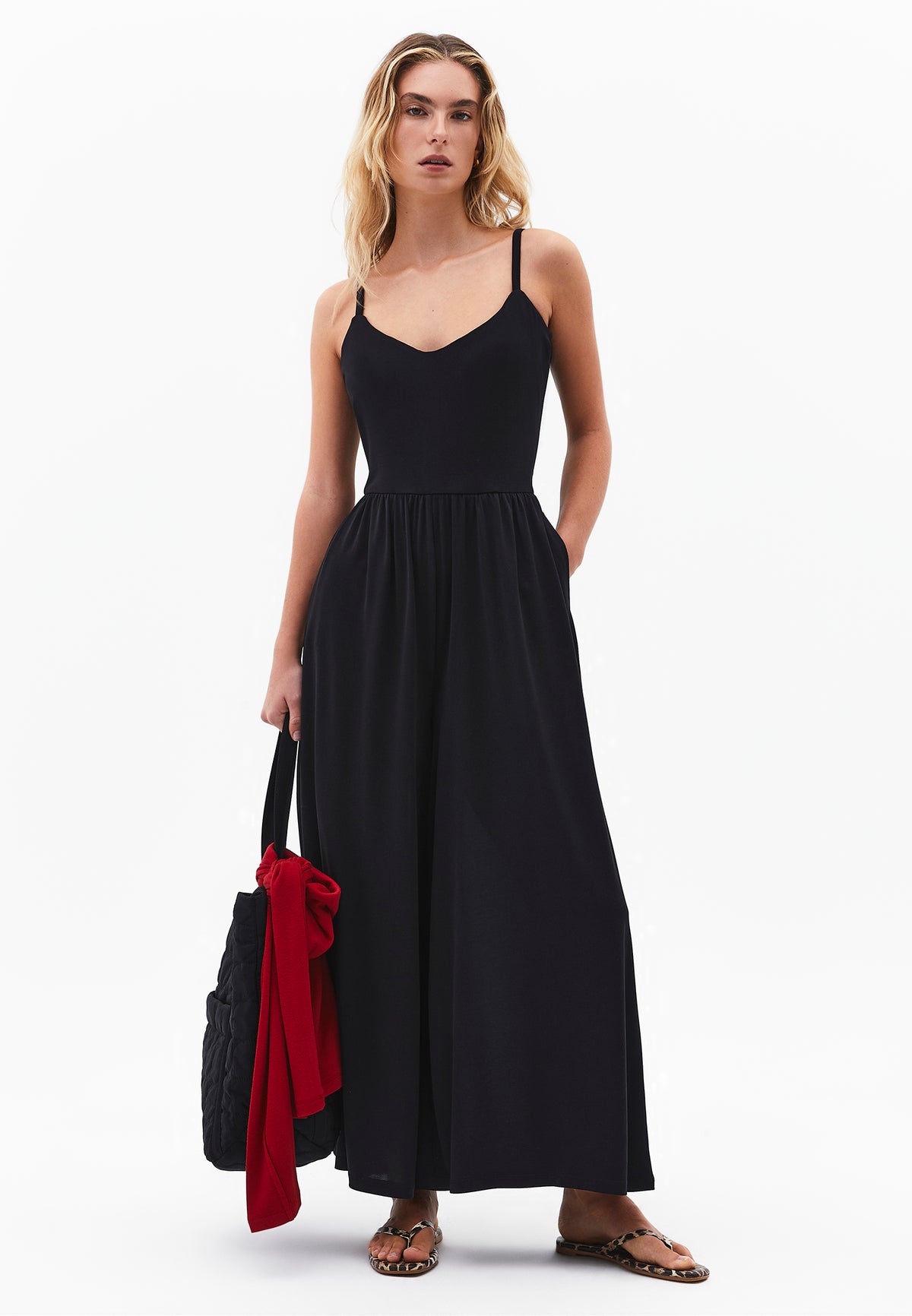 V Neck Long Jumpsuit - Black