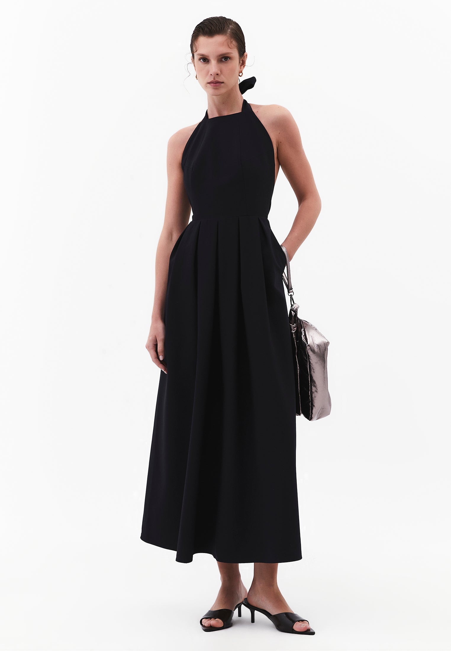 Tie Midi Dress With Crew Neck And A-Line - BLACK