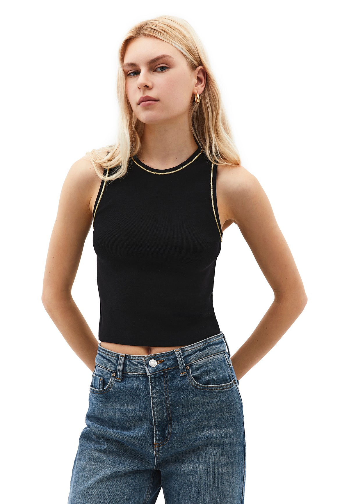 Glittery Crew Neck Sleeveless Tank Top - Black