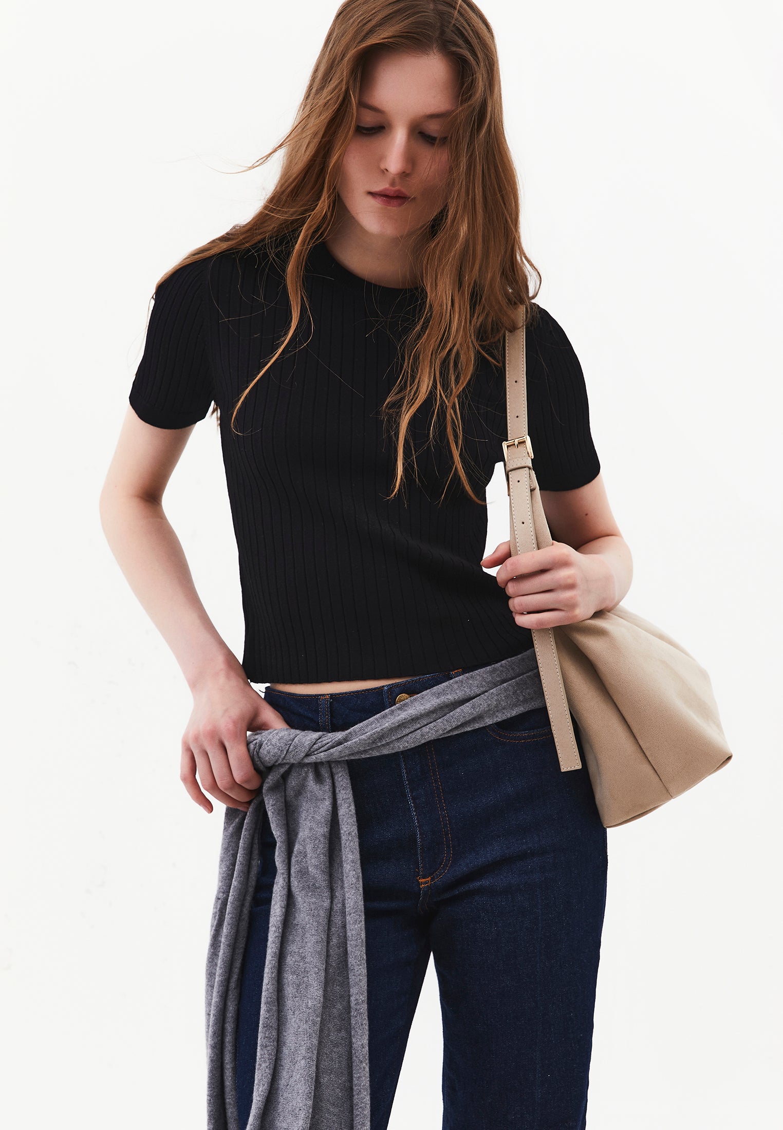 Ribbed Crew Neck Short Sleeve Sweater - BLACK