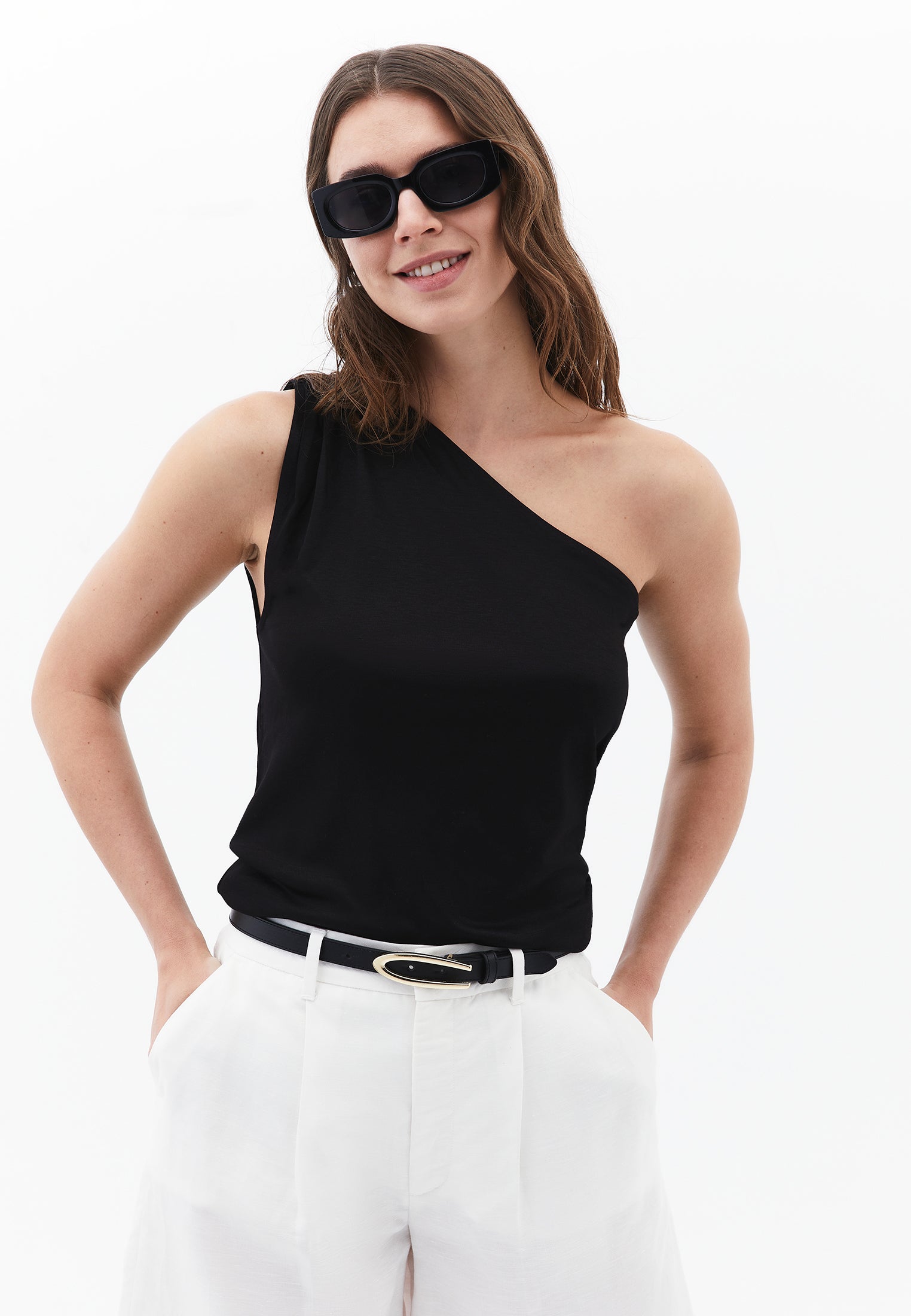 Pleated One Shoulder Blouse - BLACK