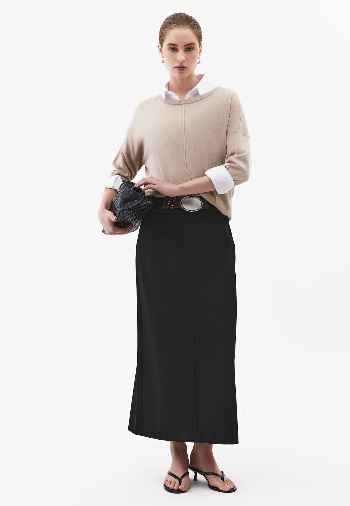 Cut-Out Ultra High Waist Long Skirt - Black