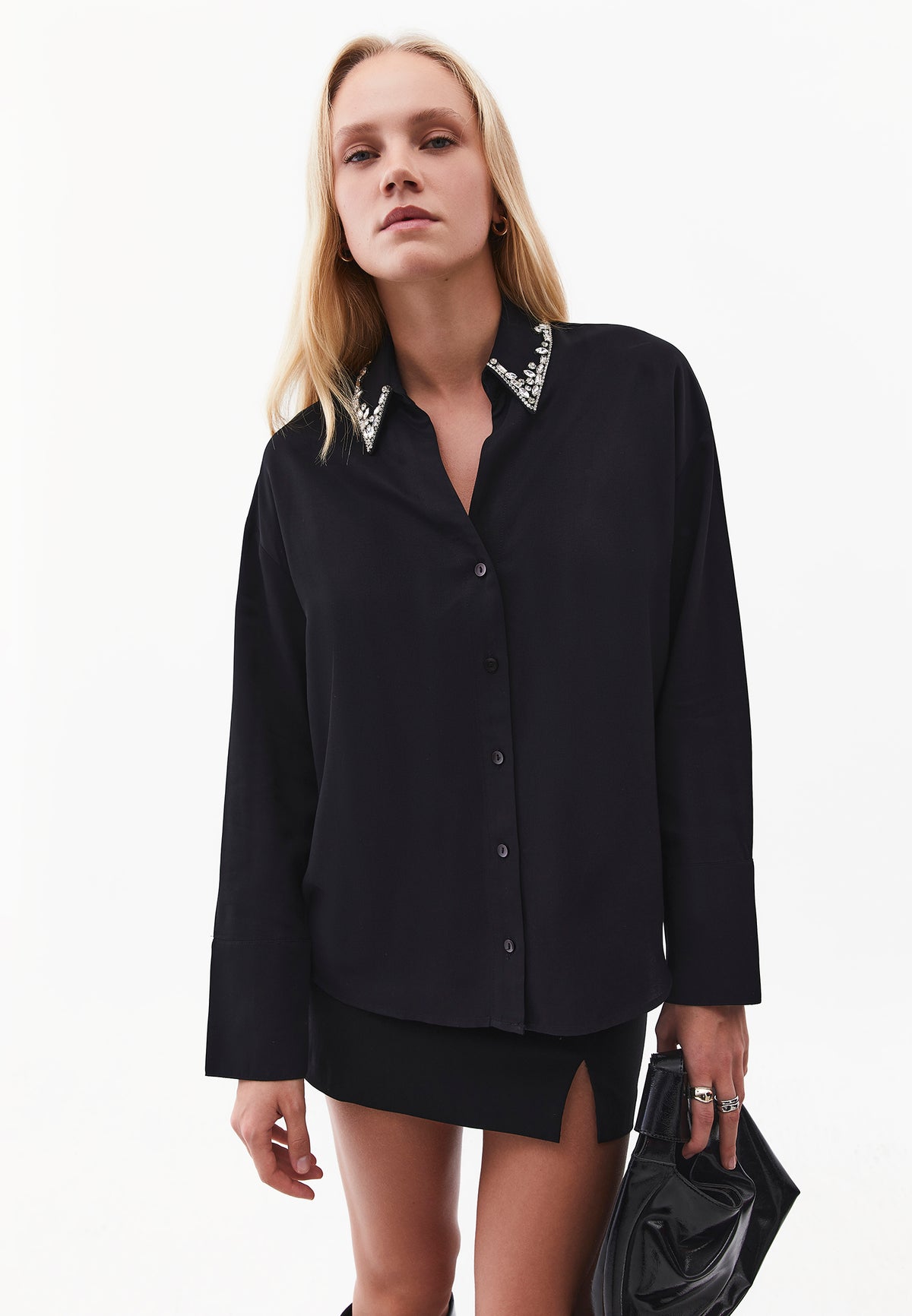 Long Sleeve Shirt with Stone Details and Shirt Collar - Black