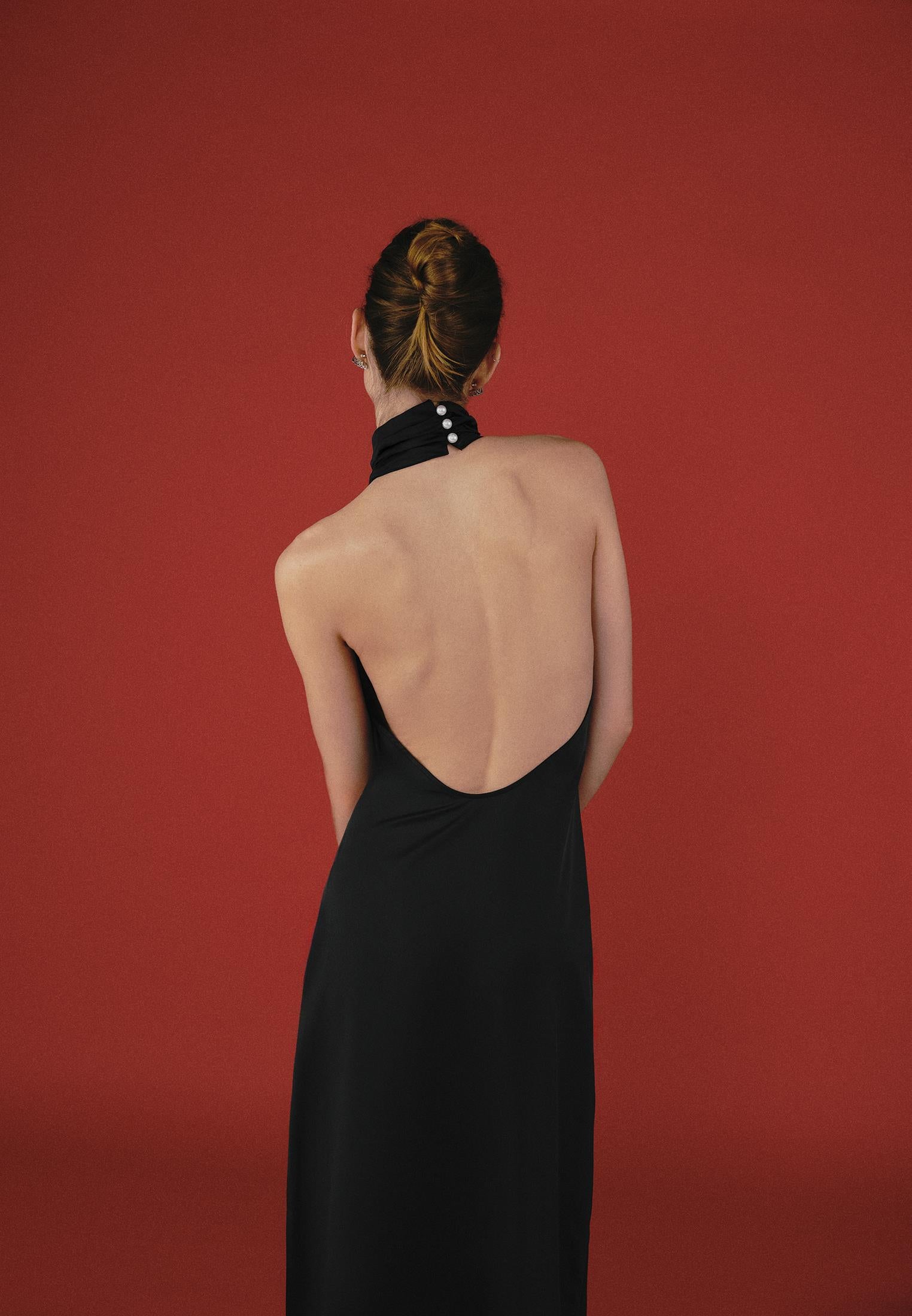 Long Dress With High Neck, Button And Slit Detail - BLACK