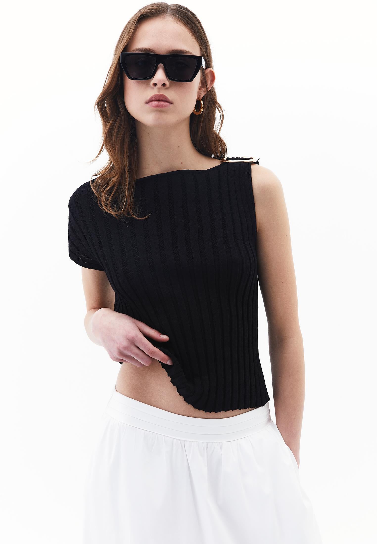 Boat Neck Blouse - BLACK