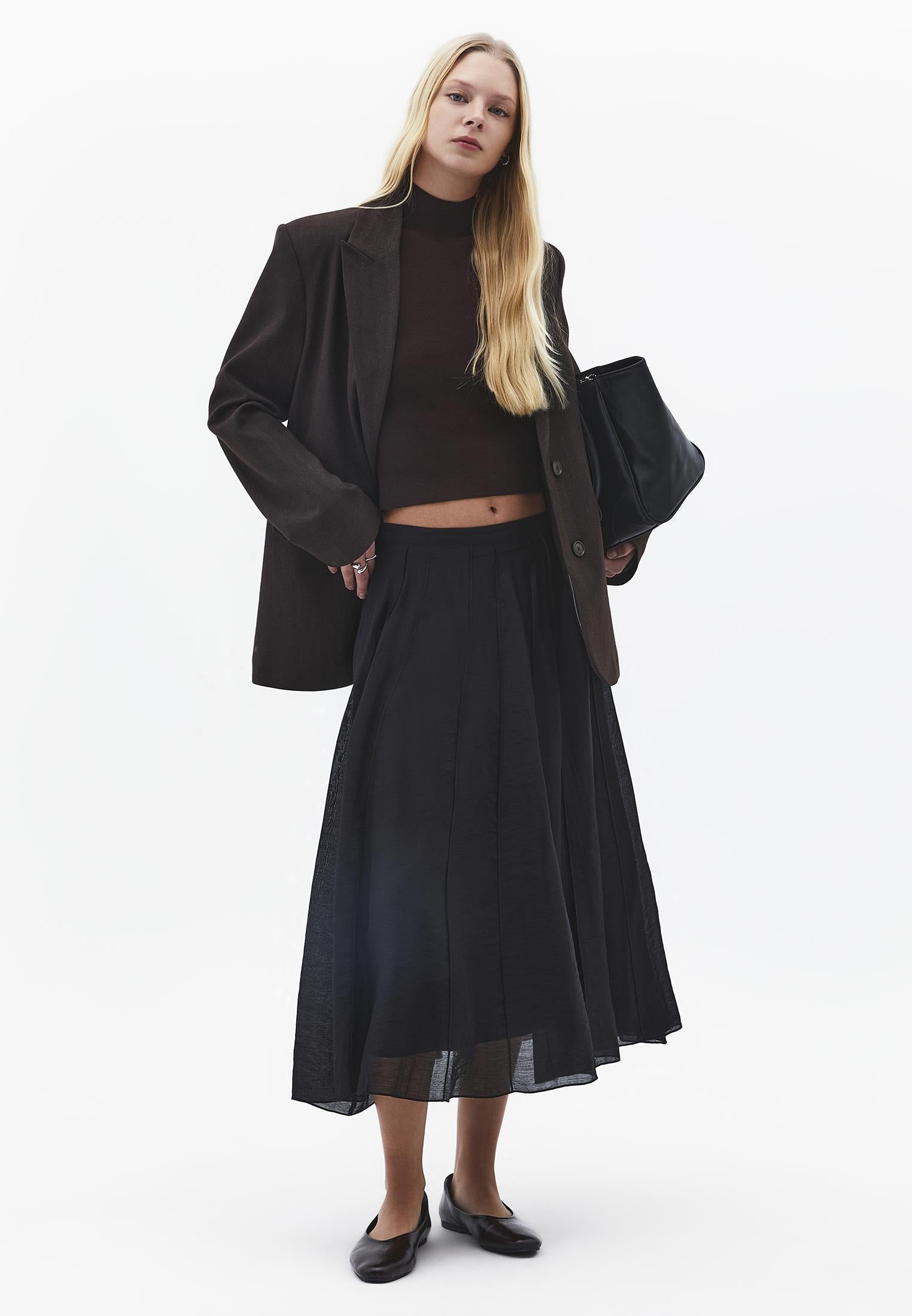 Midi Flared Woven Skirt - BLACK