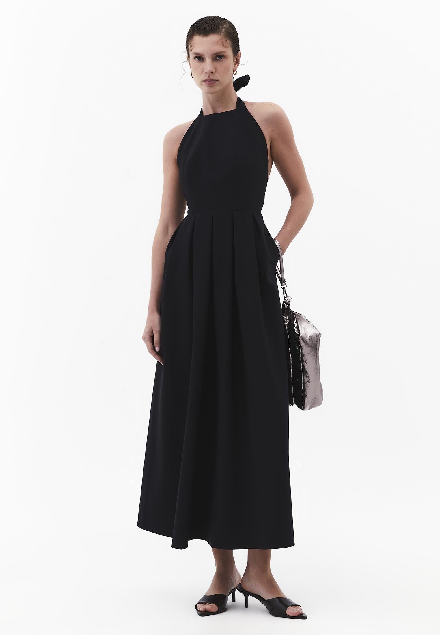Tie Midi Dress With Crew Neck And A-Line - BLACK