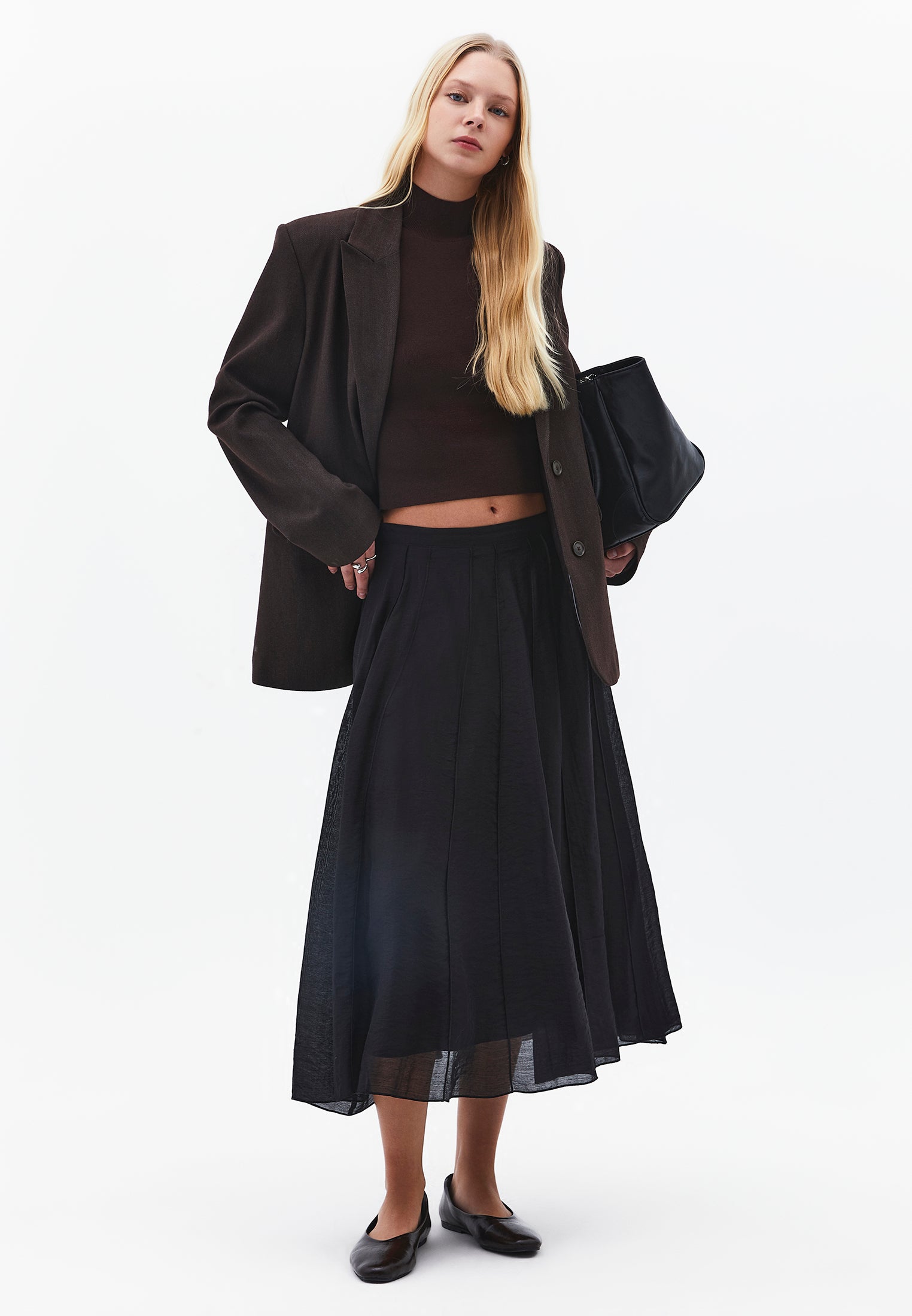 Midi Flared Woven Skirt - BLACK