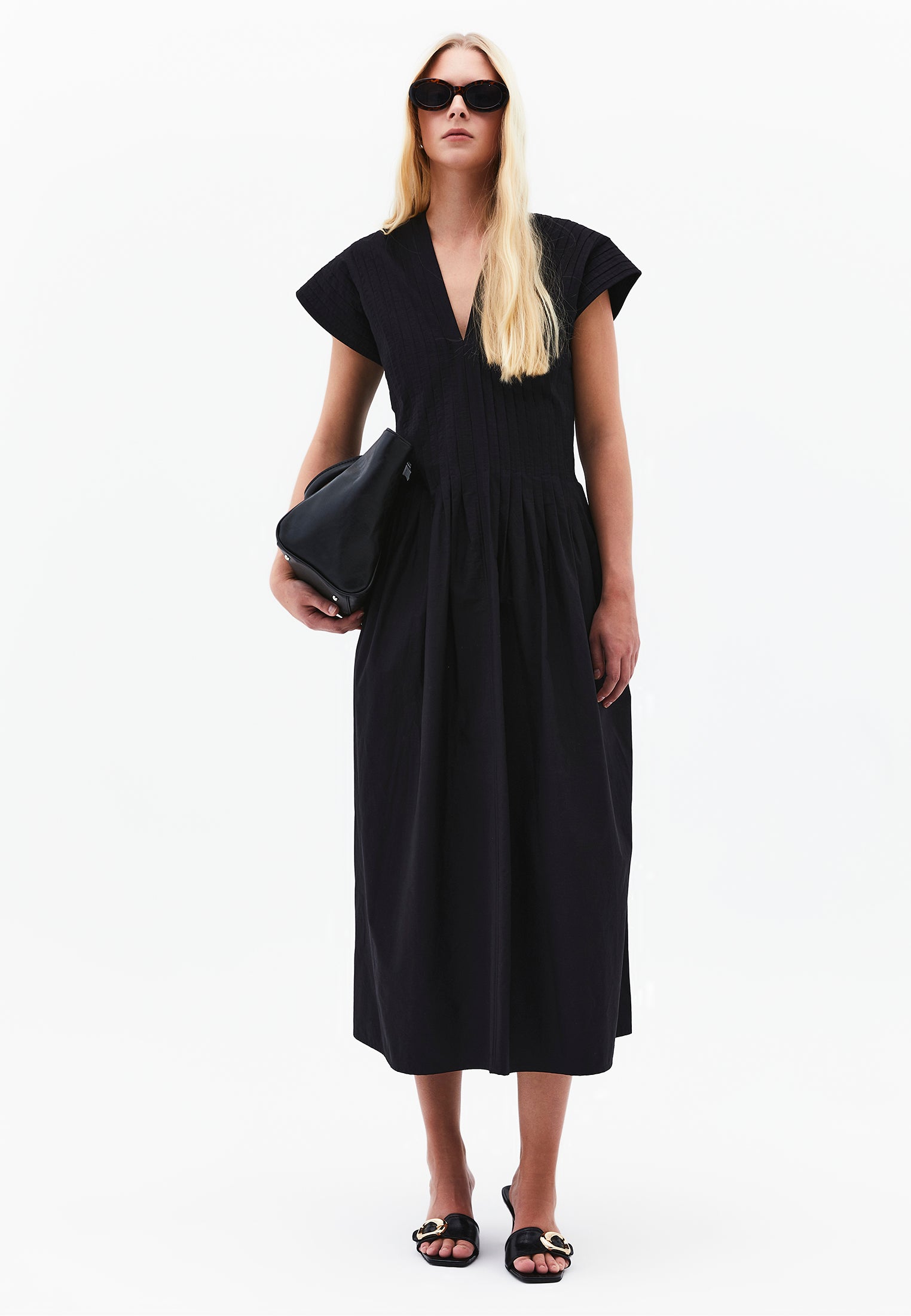 Long Flared V-Neck Dress - BLACK