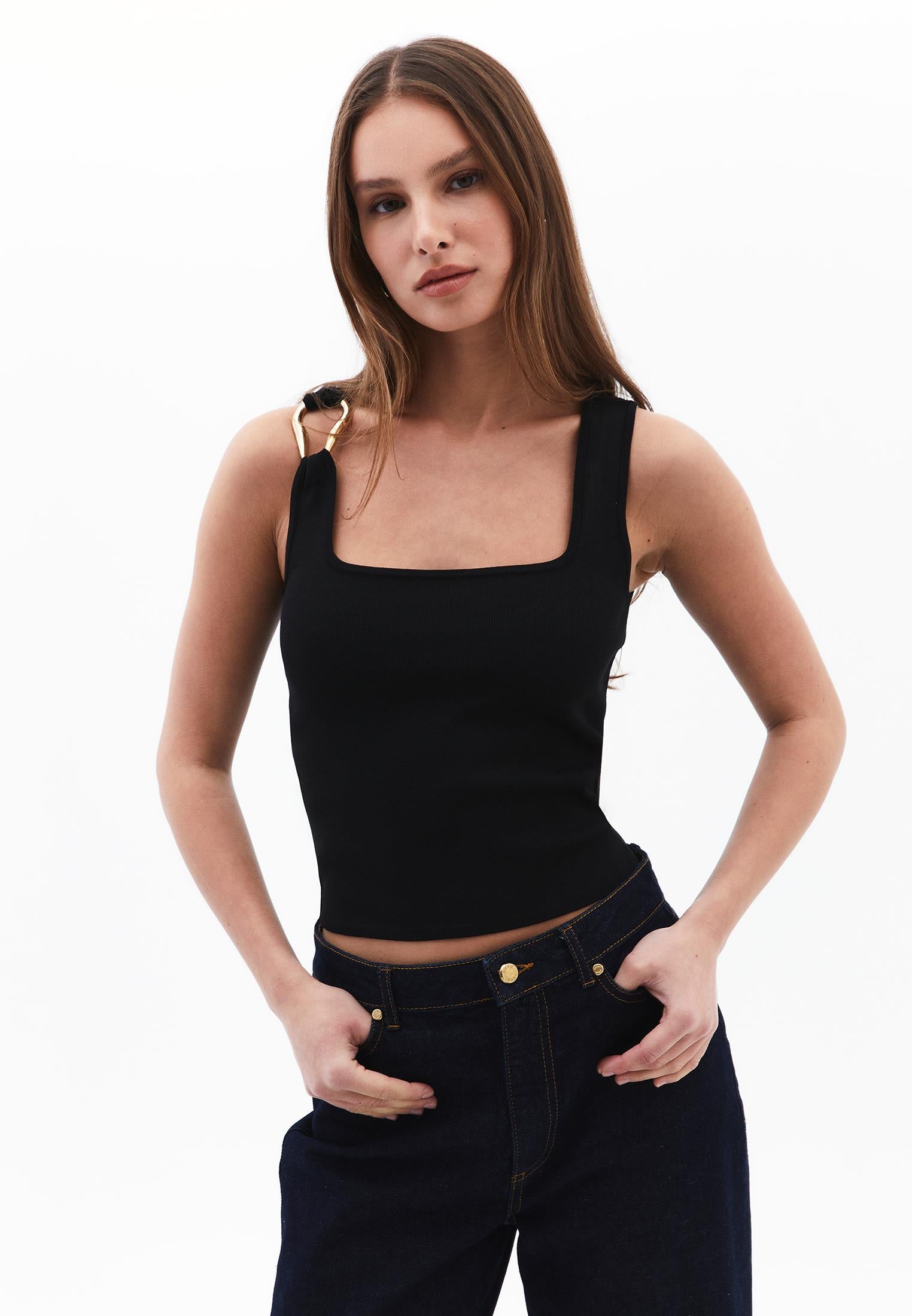 Buckled Crew Neck Tank Top - BLACK