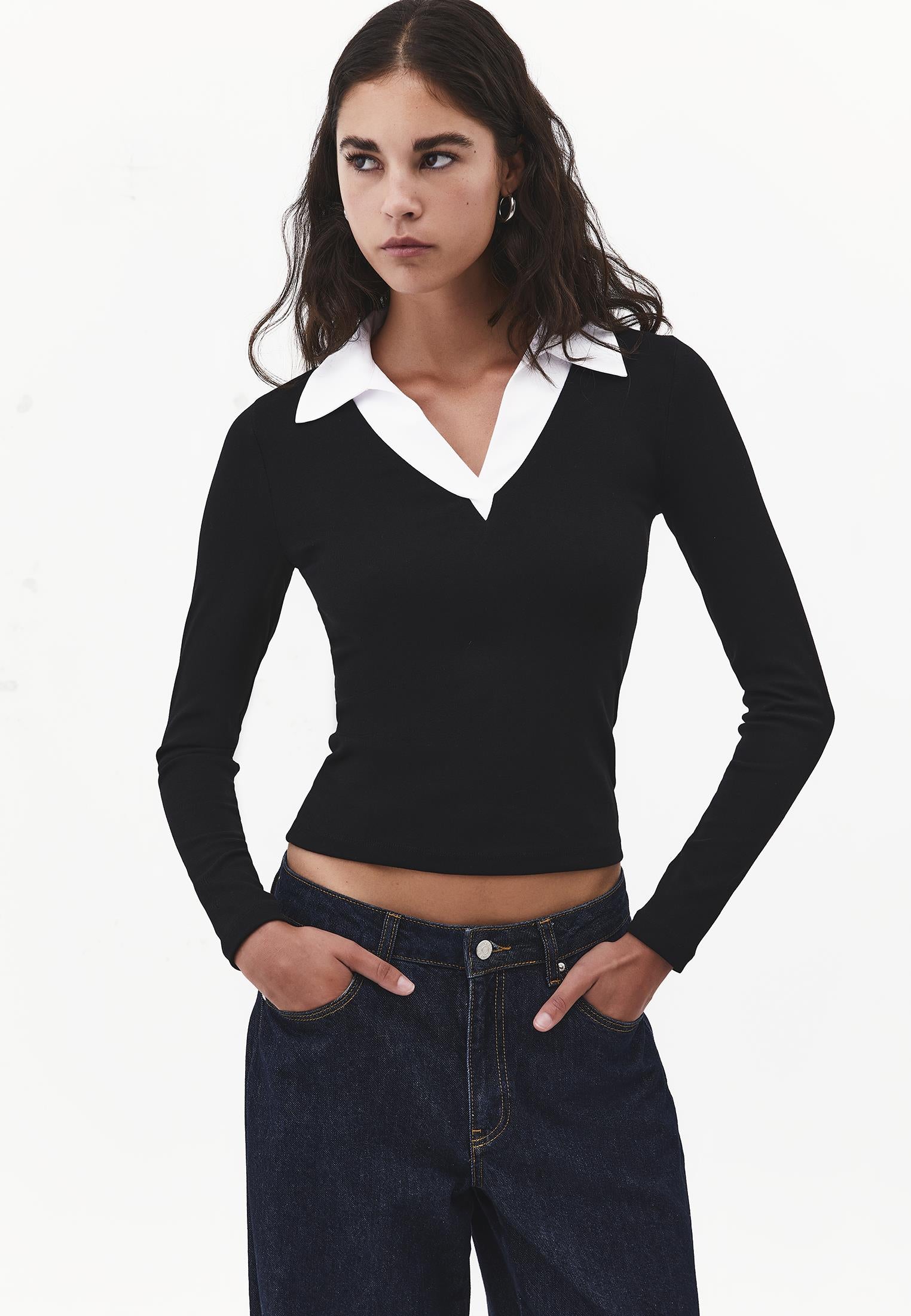 Polo Neck Long Sleeve Bodycon T-Shirt - BLACK