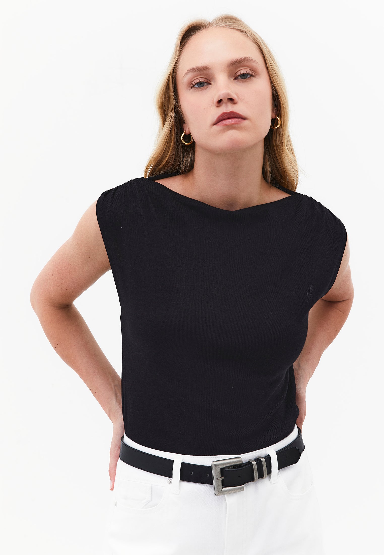 Gathered Boat Neck Tank Top - BLACK