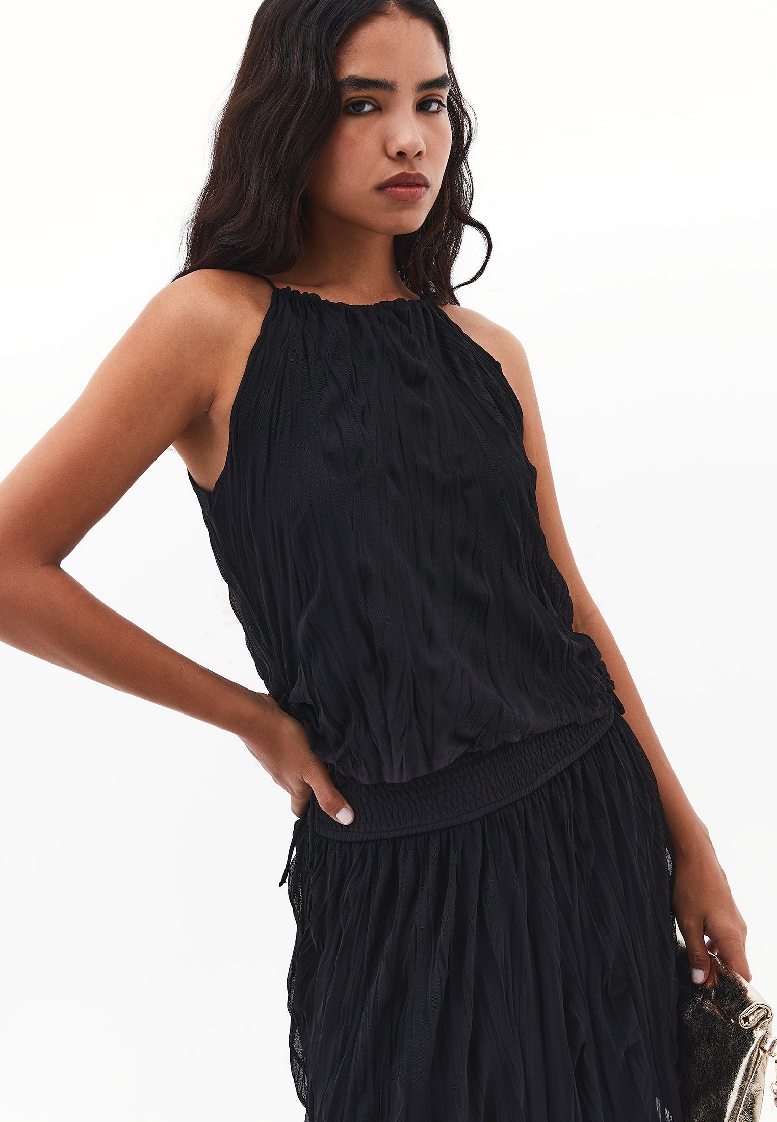 Halter neck wrinkled look blouse - BLACK