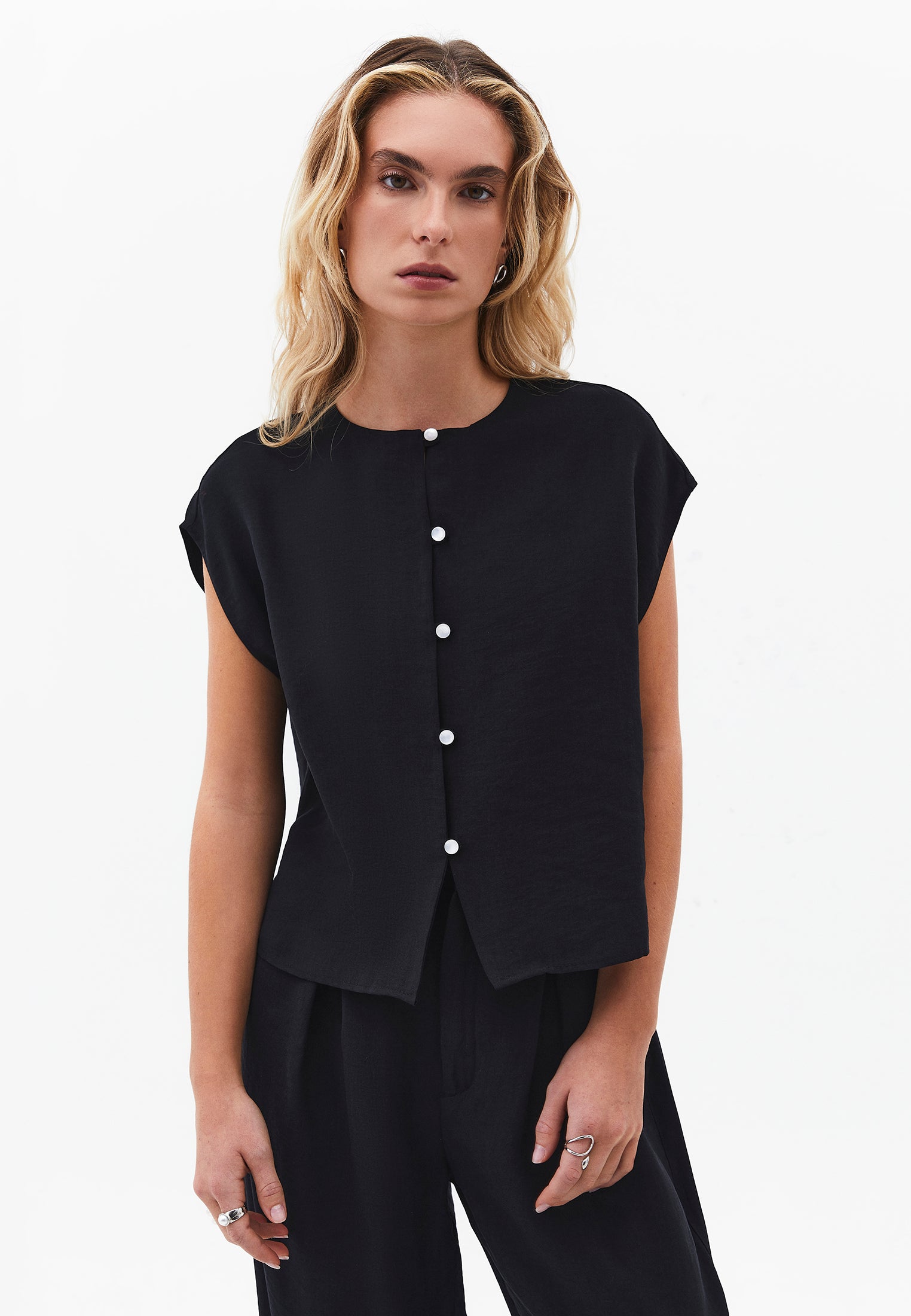 Loose Blouse With Boat Neck And Button Details - BLACK