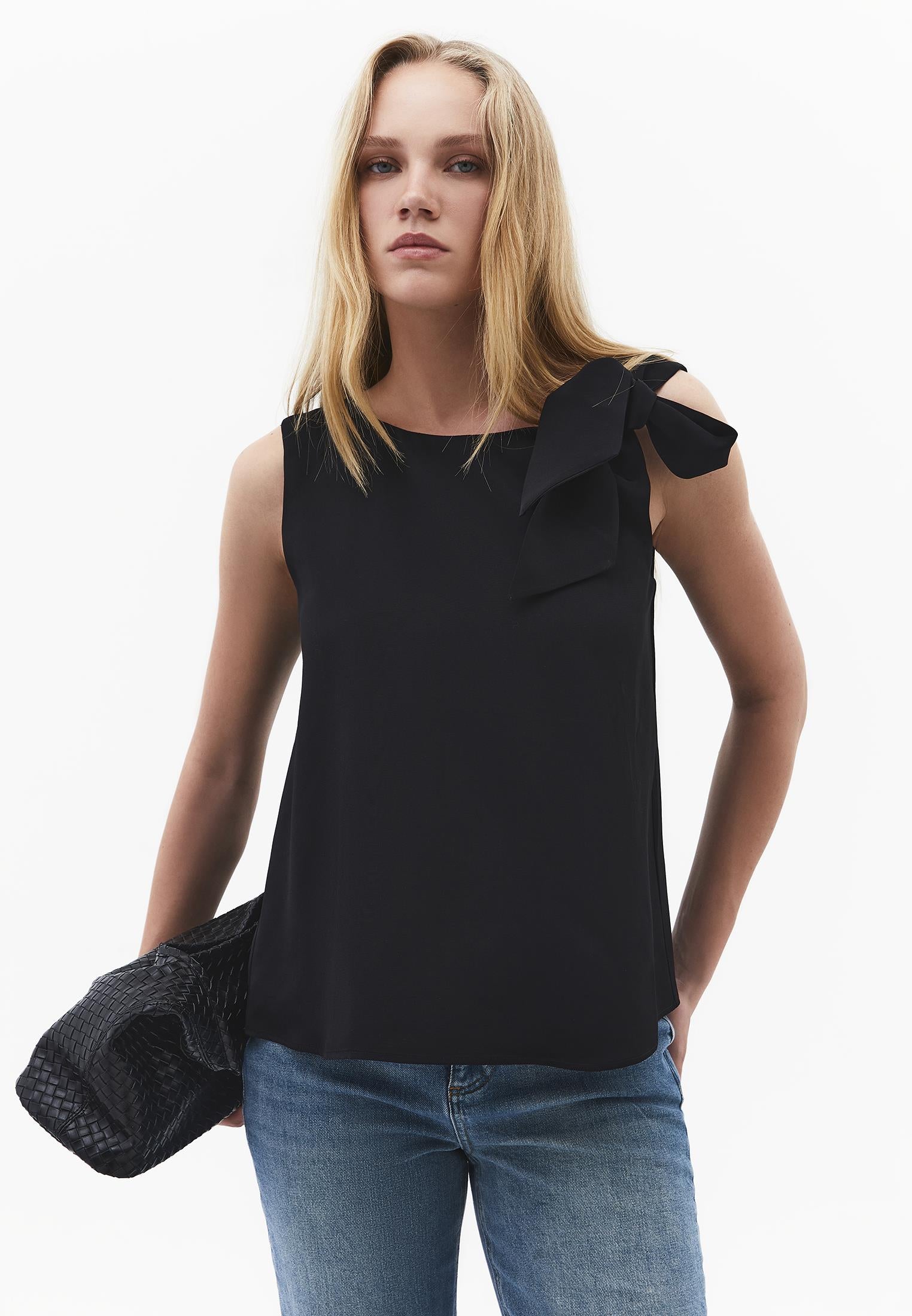 Boat Neck Blouse With Bow Detail - BLACK
