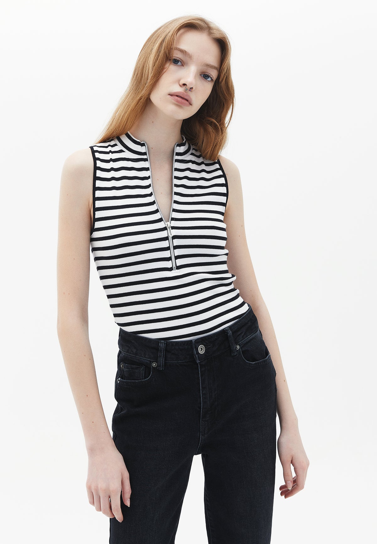 High Neck Bodycon Tank Top - Black/White