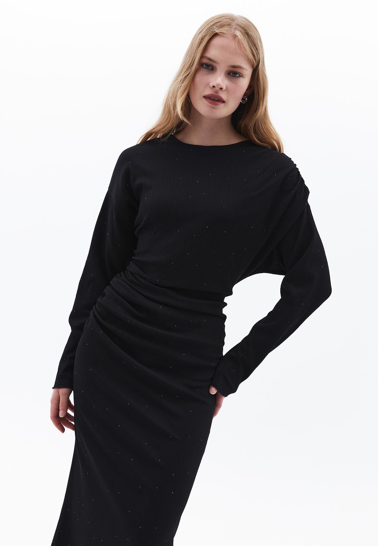 Long Dress With Ruched Crew Neck - BLACK