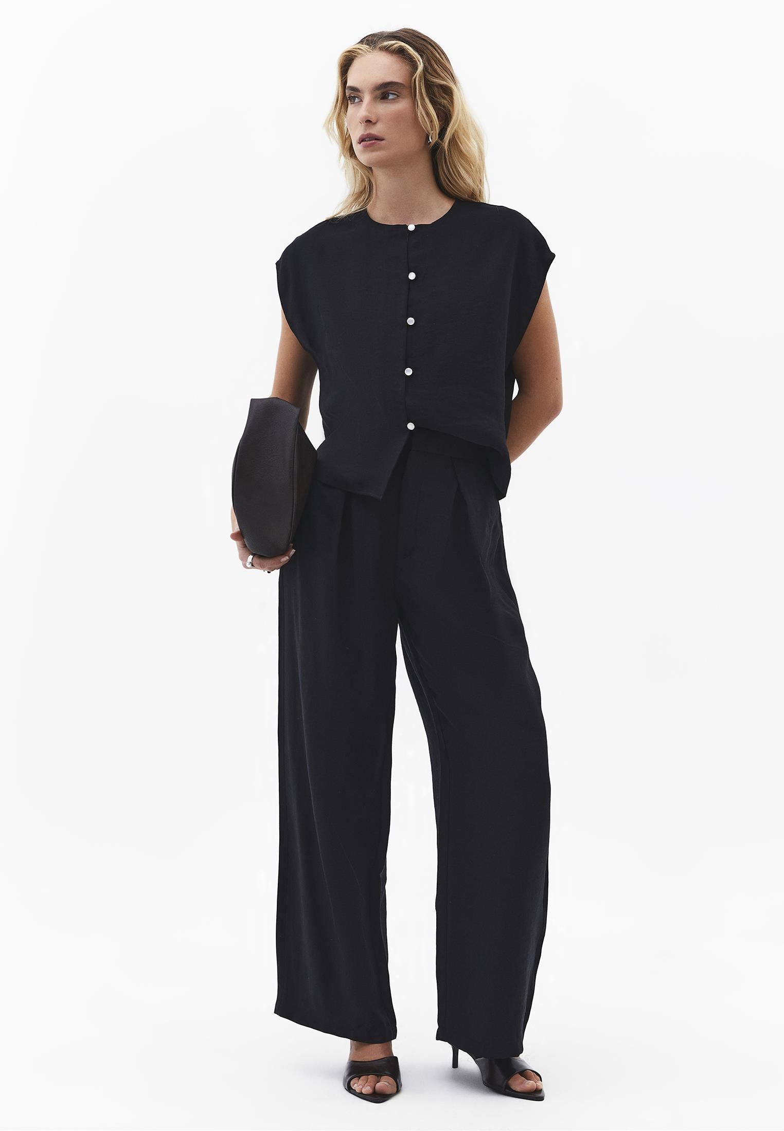 Loose Blouse With Boat Neck And Button Details - BLACK