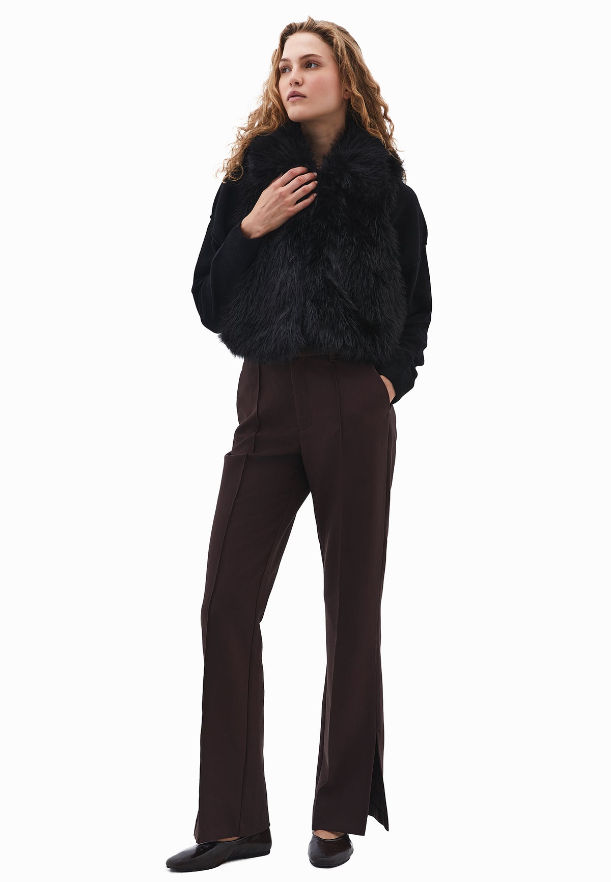 V Neck Faux Fur Vest - BLACK