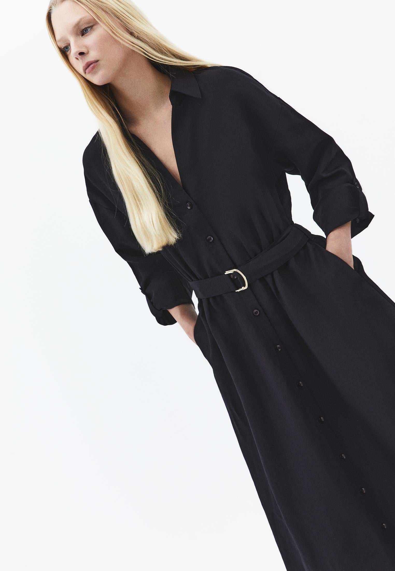 Belt Detailed Long Shirt Collar Dress - BLACK