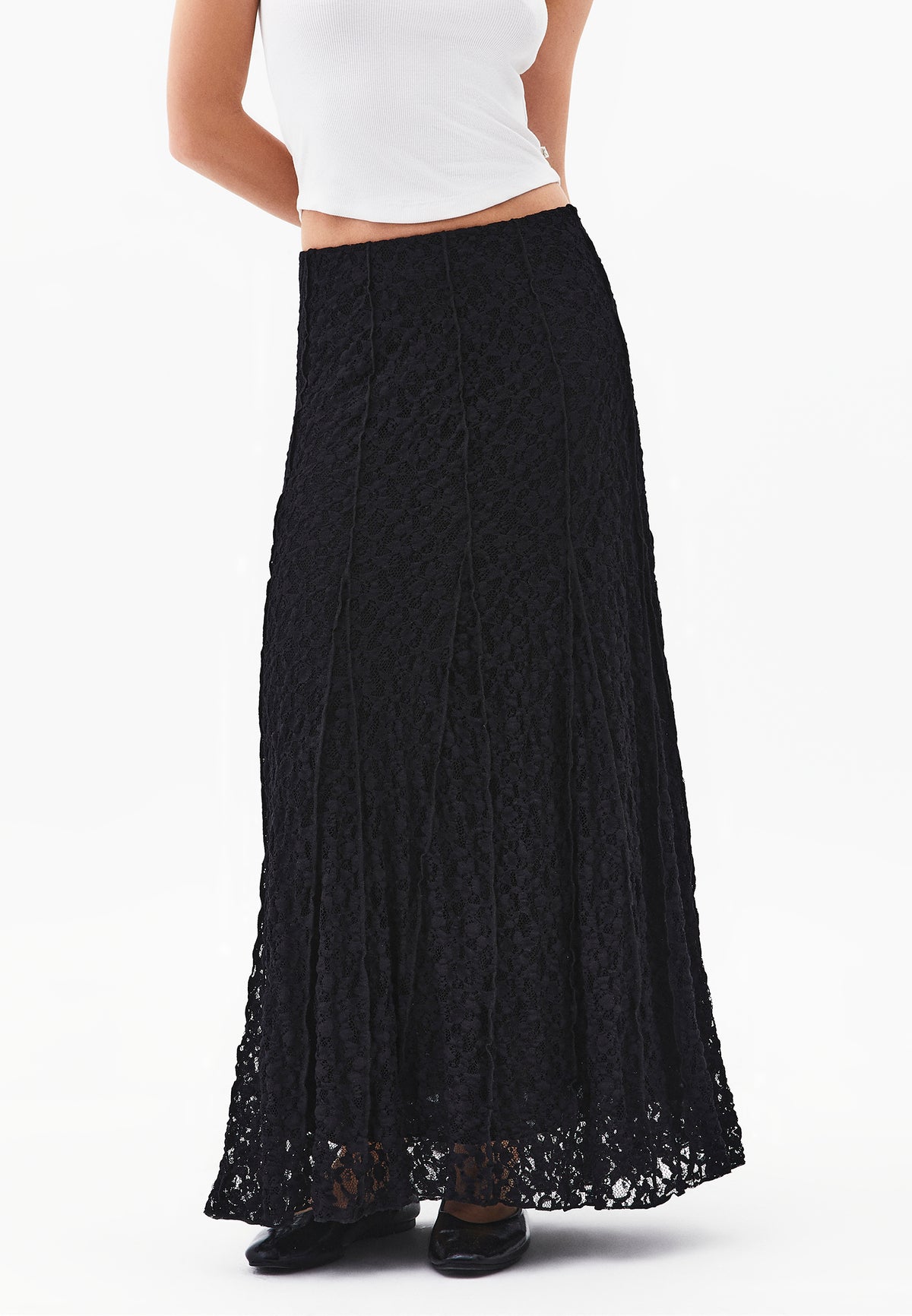 High Waist Flared Long Skirt - BLACK