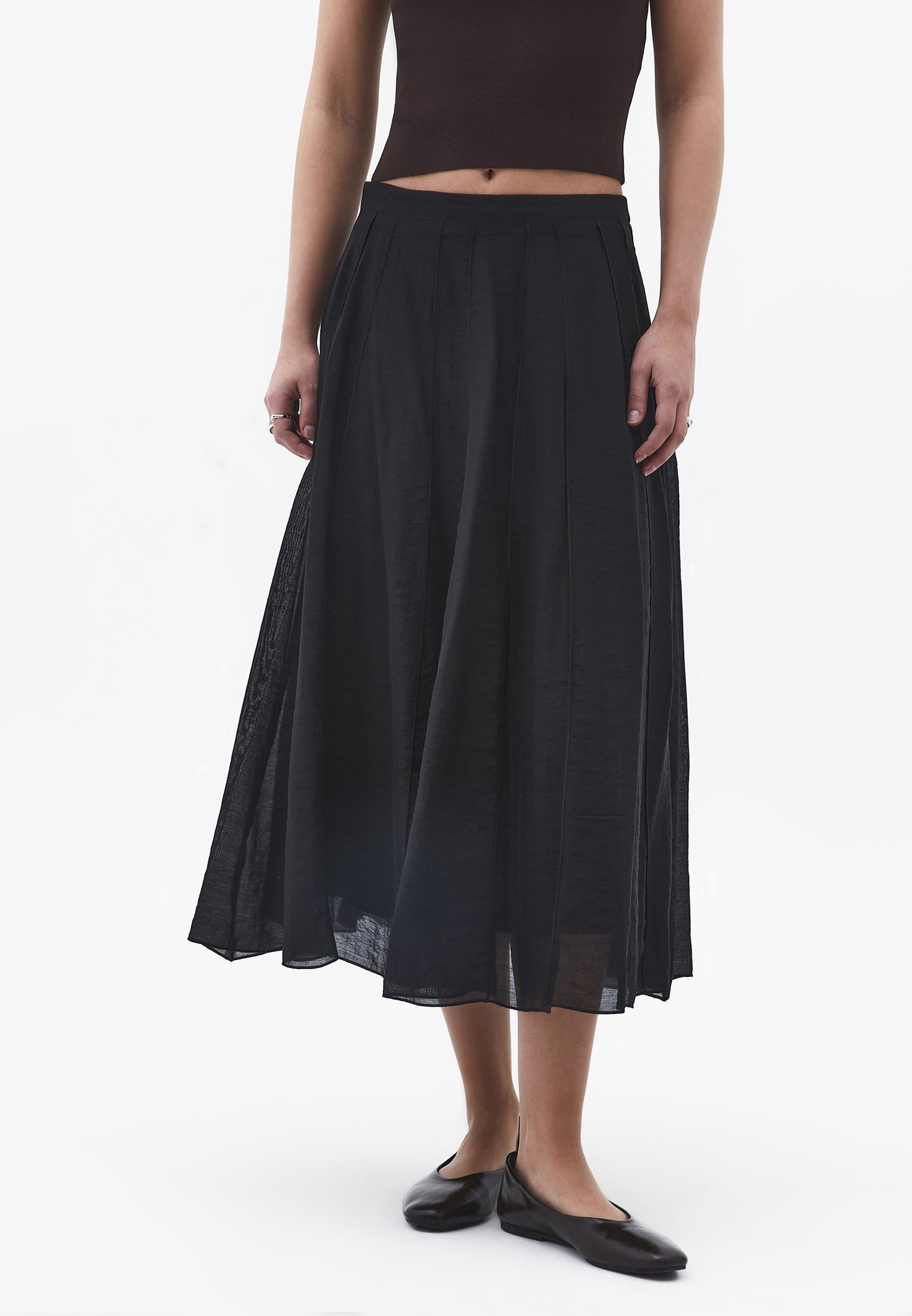 Midi Flared Woven Skirt - BLACK