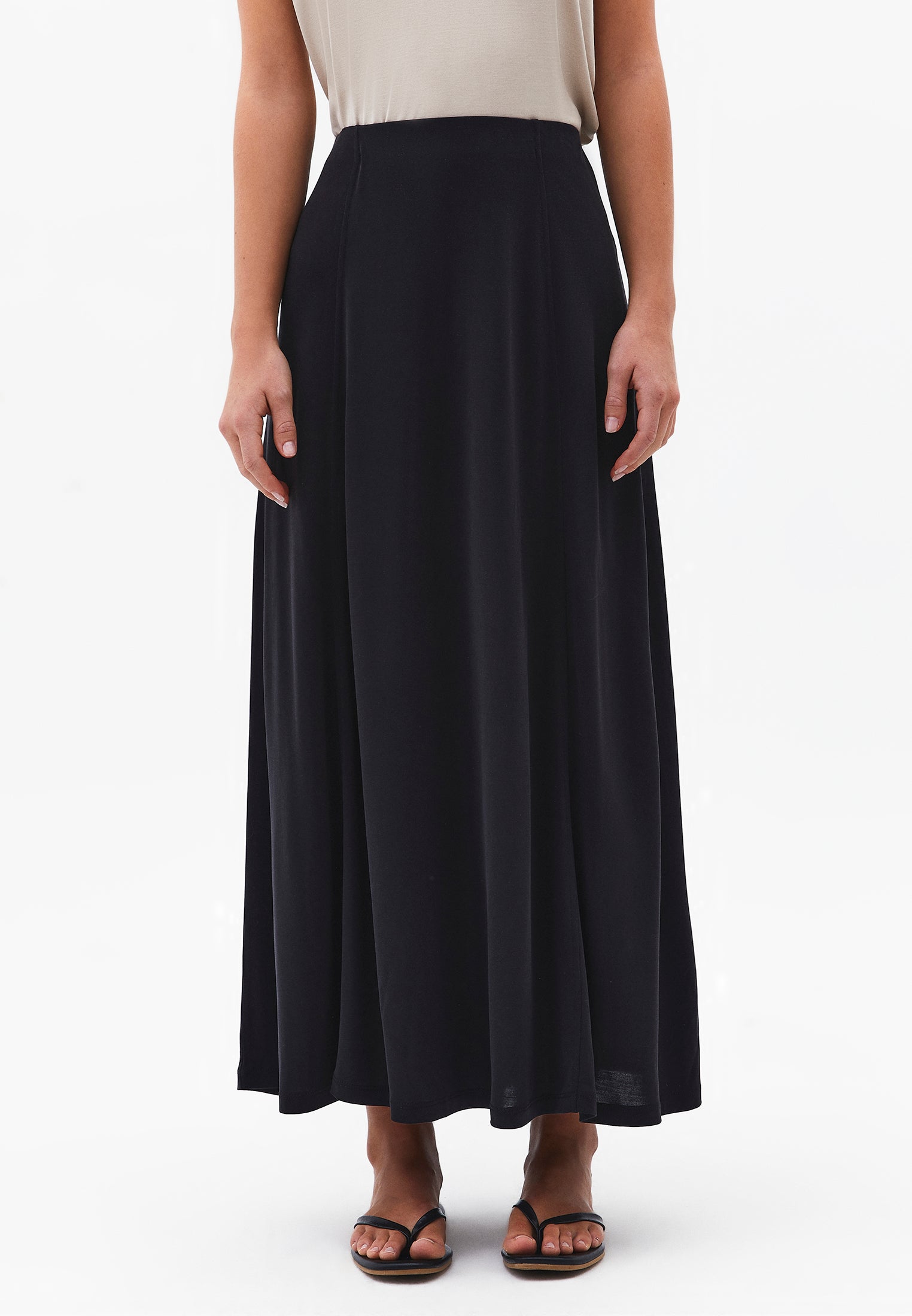 High Waist A Line Midi Skirt - BLACK