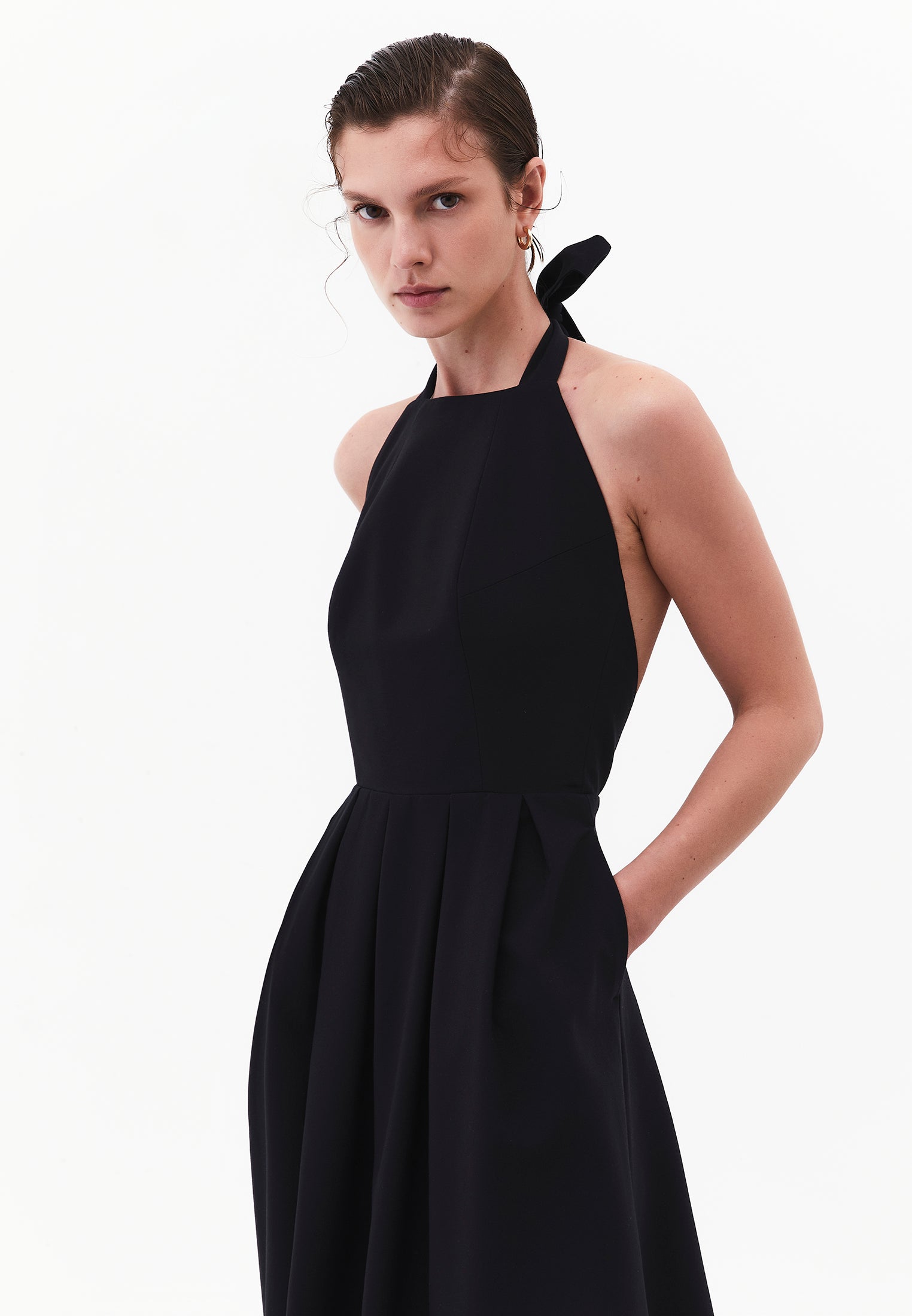 Tie Midi Dress With Crew Neck And A-Line - BLACK