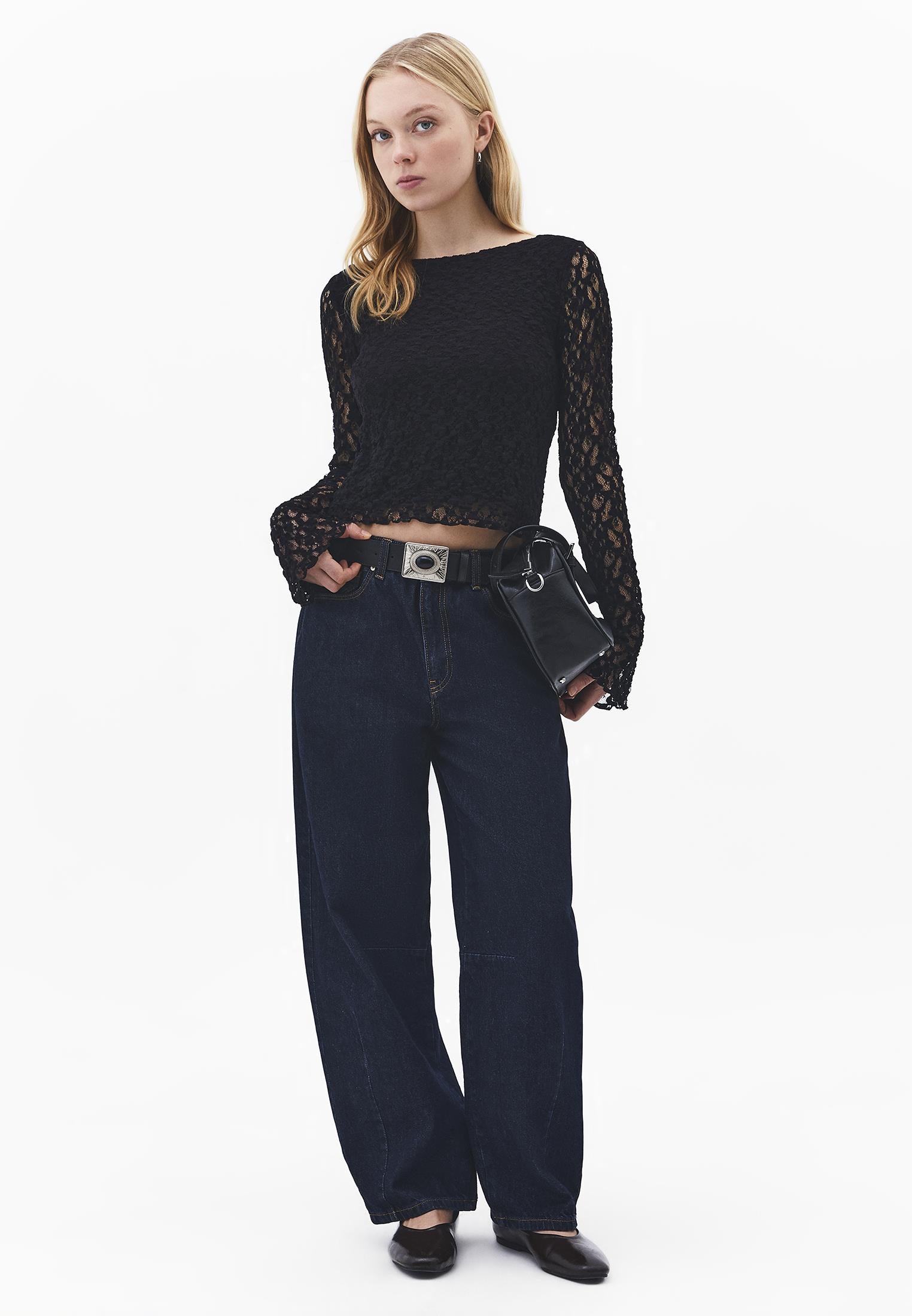 Boat Neck Long Sleeve T-Shirt - BLACK