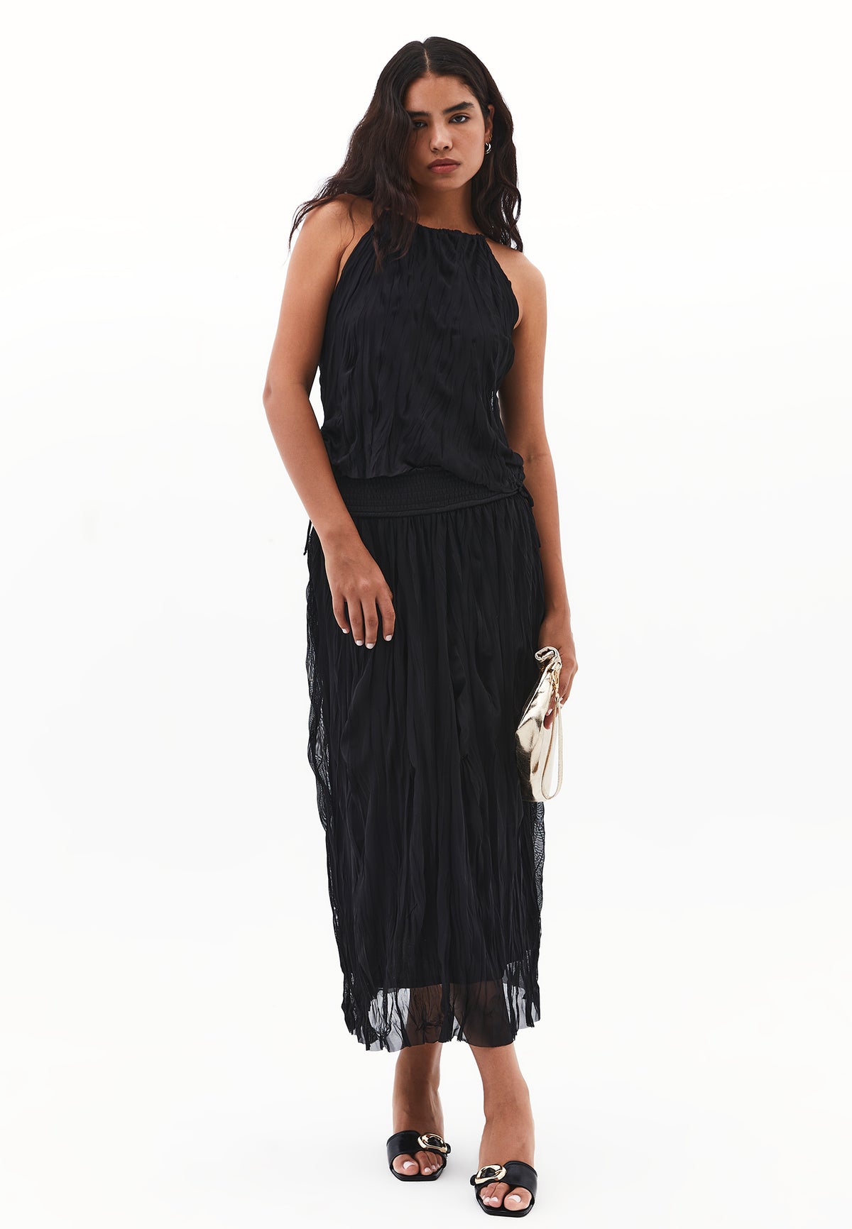 Halter Neck Crinkled Look Blouse - Black