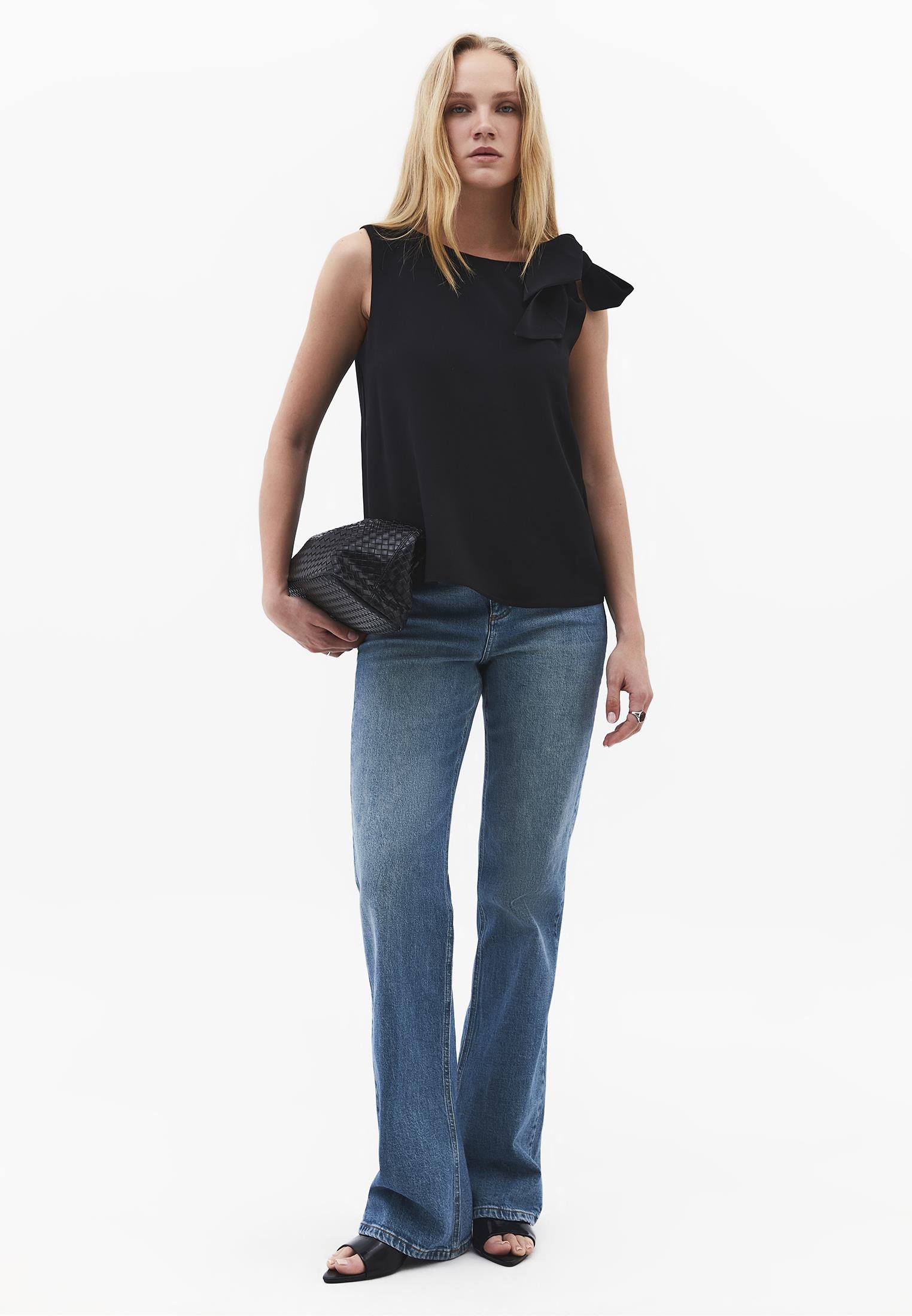 Boat Neck Blouse With Bow Detail - BLACK