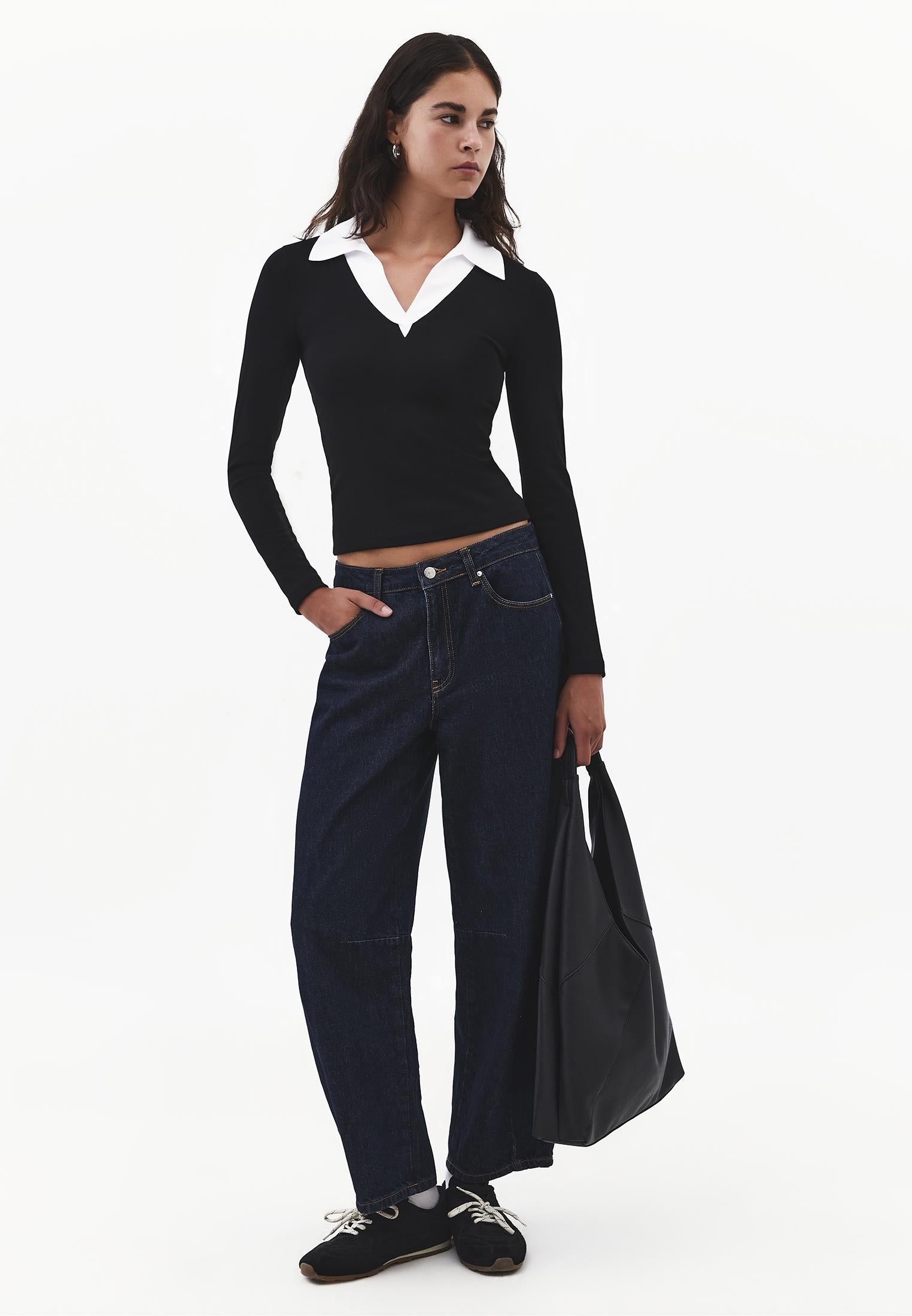 Polo Neck Long Sleeve Bodycon T-Shirt - BLACK