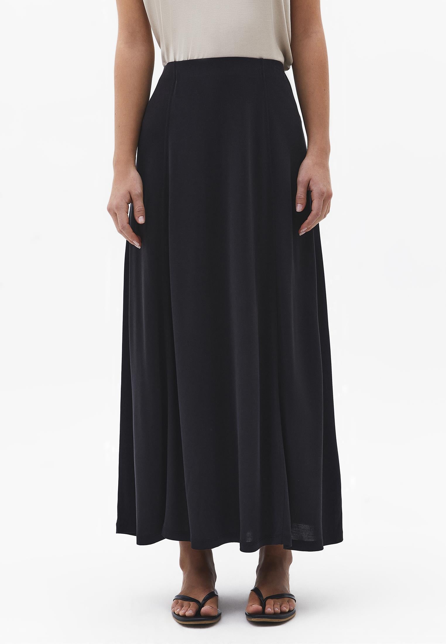 High Waist A Line Midi Skirt - BLACK