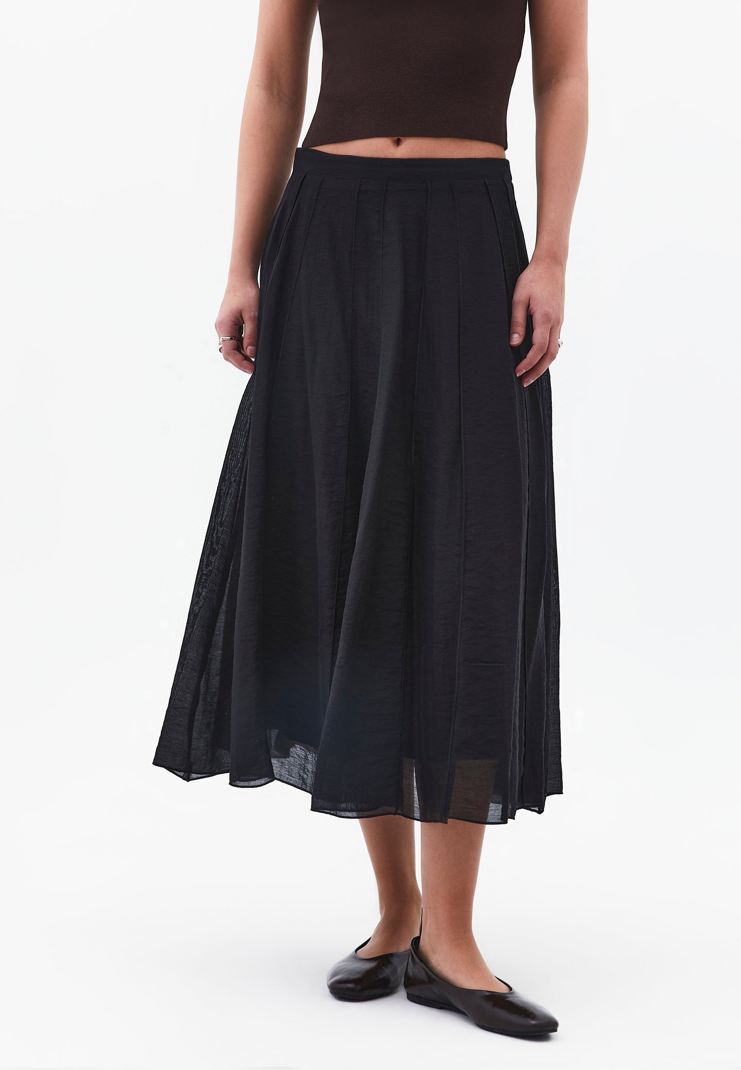 Midi Flared Woven Skirt - BLACK