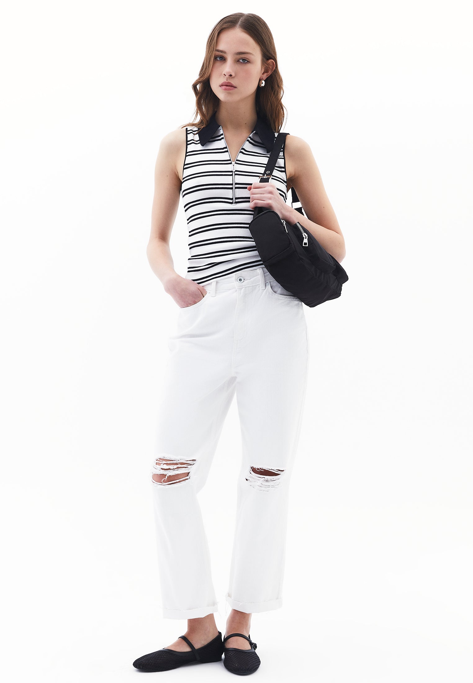 Polo Collar Tank Top - WHITE/BLACK