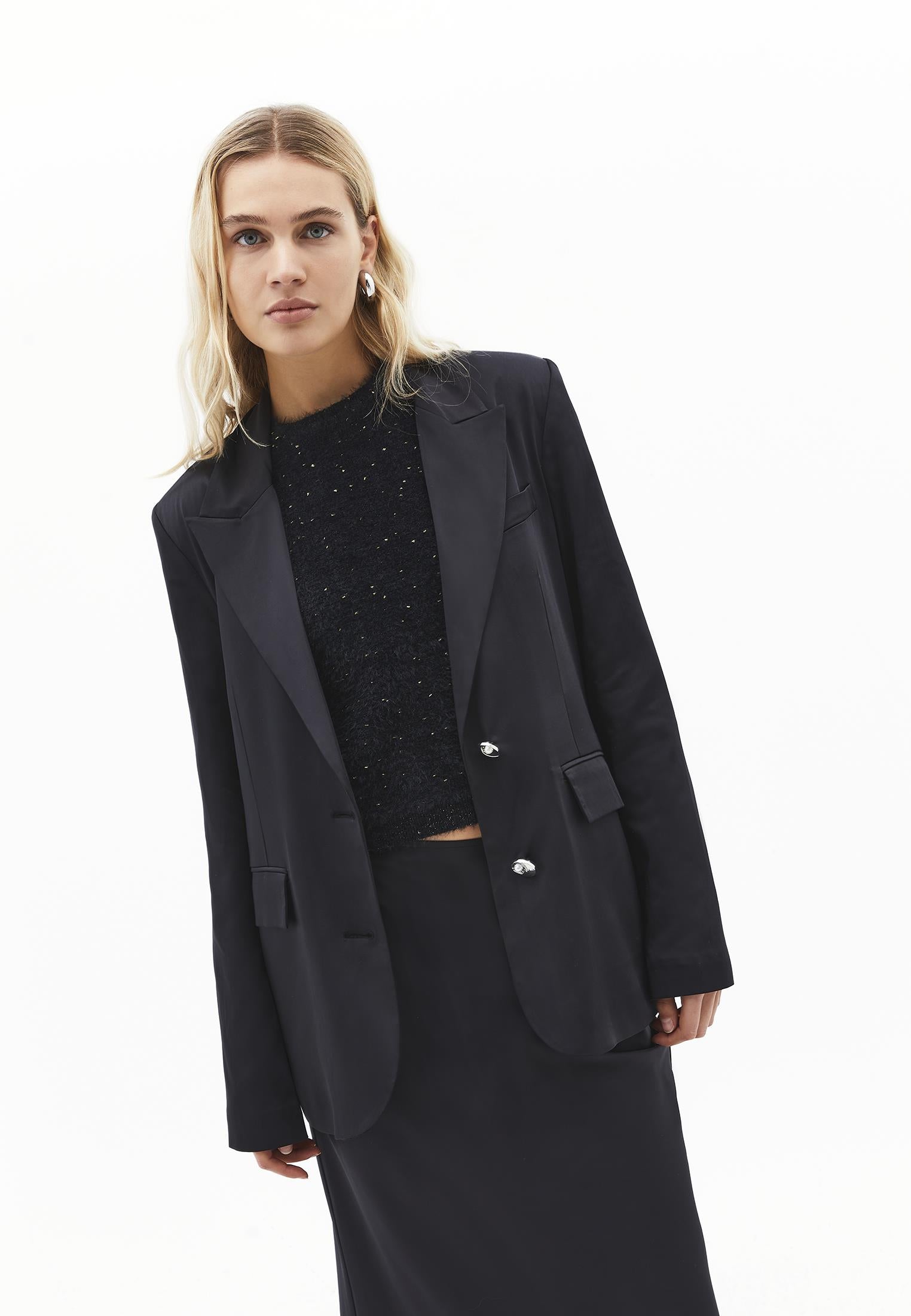 Button Detailed Oversize Blazer Jacket - BLACK