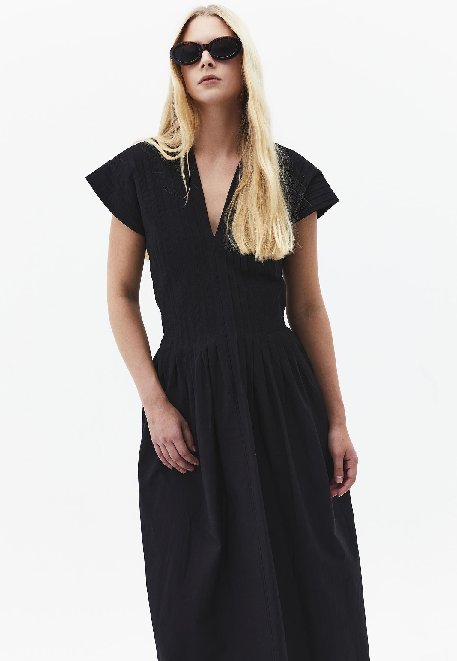 Long Flared V-Neck Dress - BLACK
