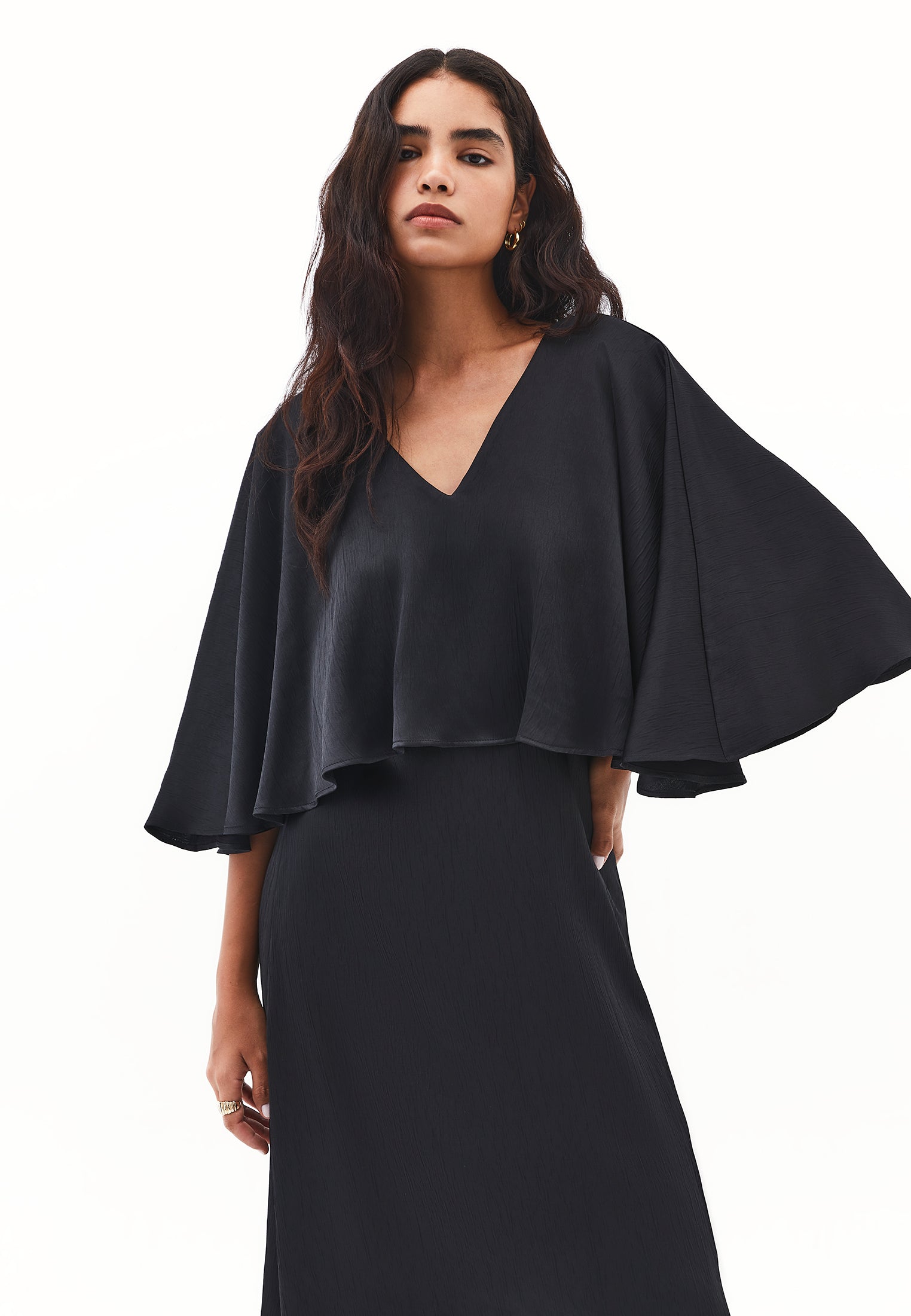 V neck long dress - BLACK