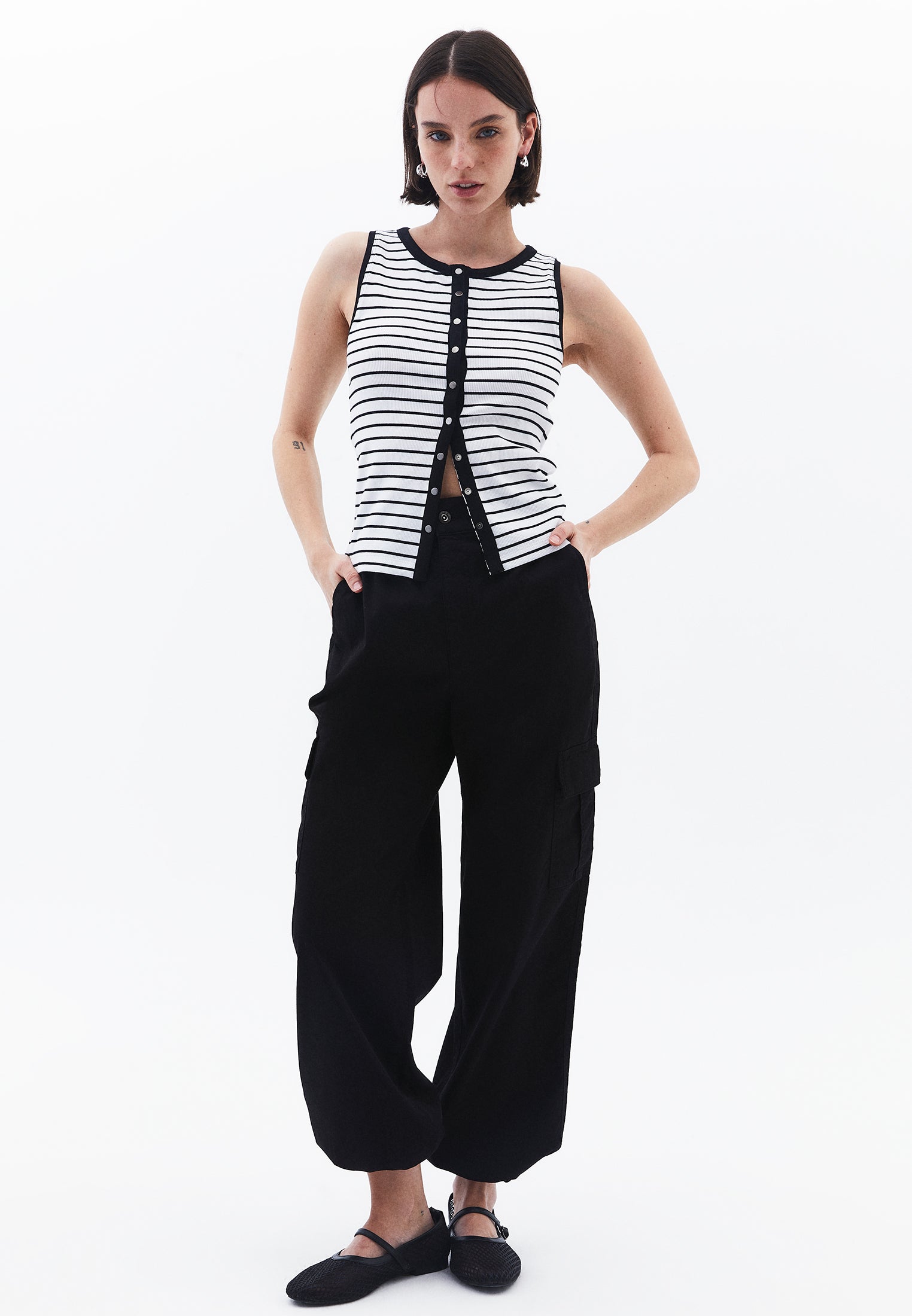 Crew Neck Striped Tank Top - WHITE/BLACK