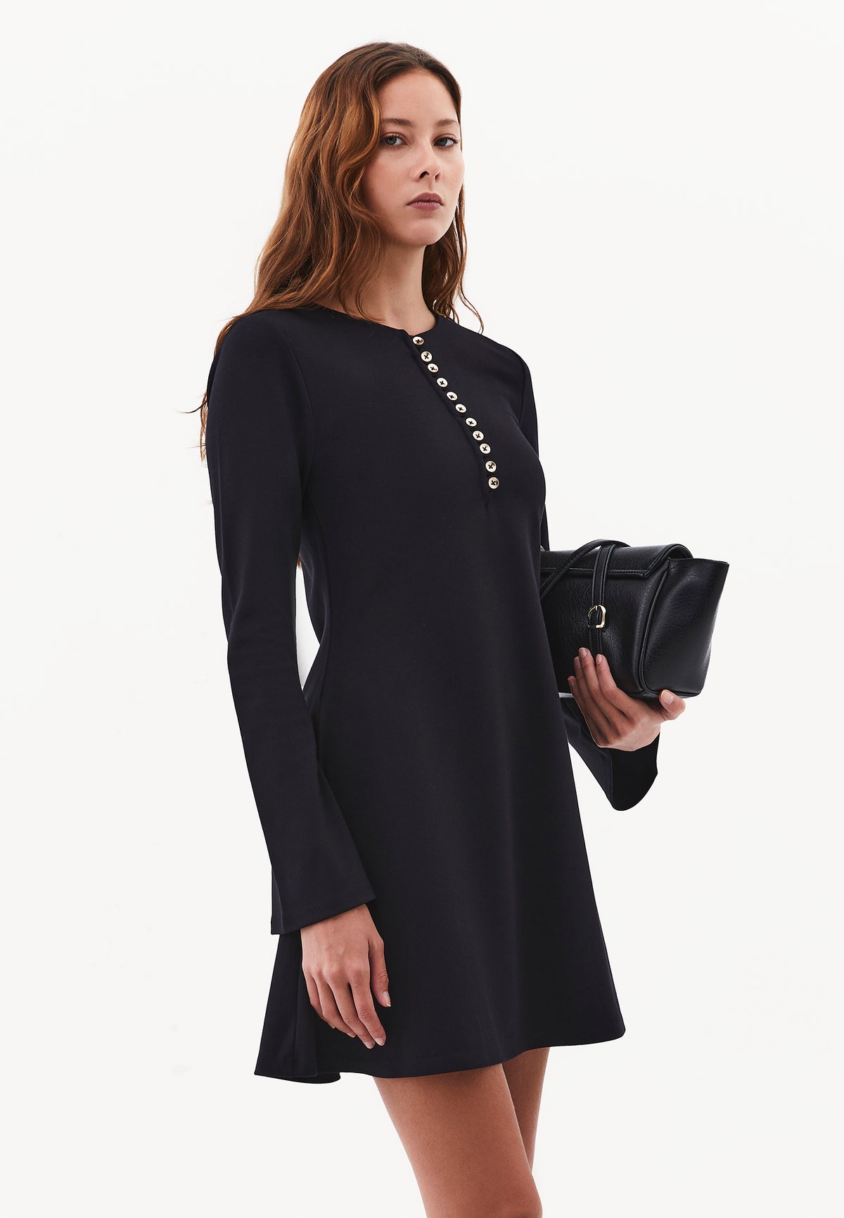 Flared Dress with Stand Collar and Long Sleeves - Black