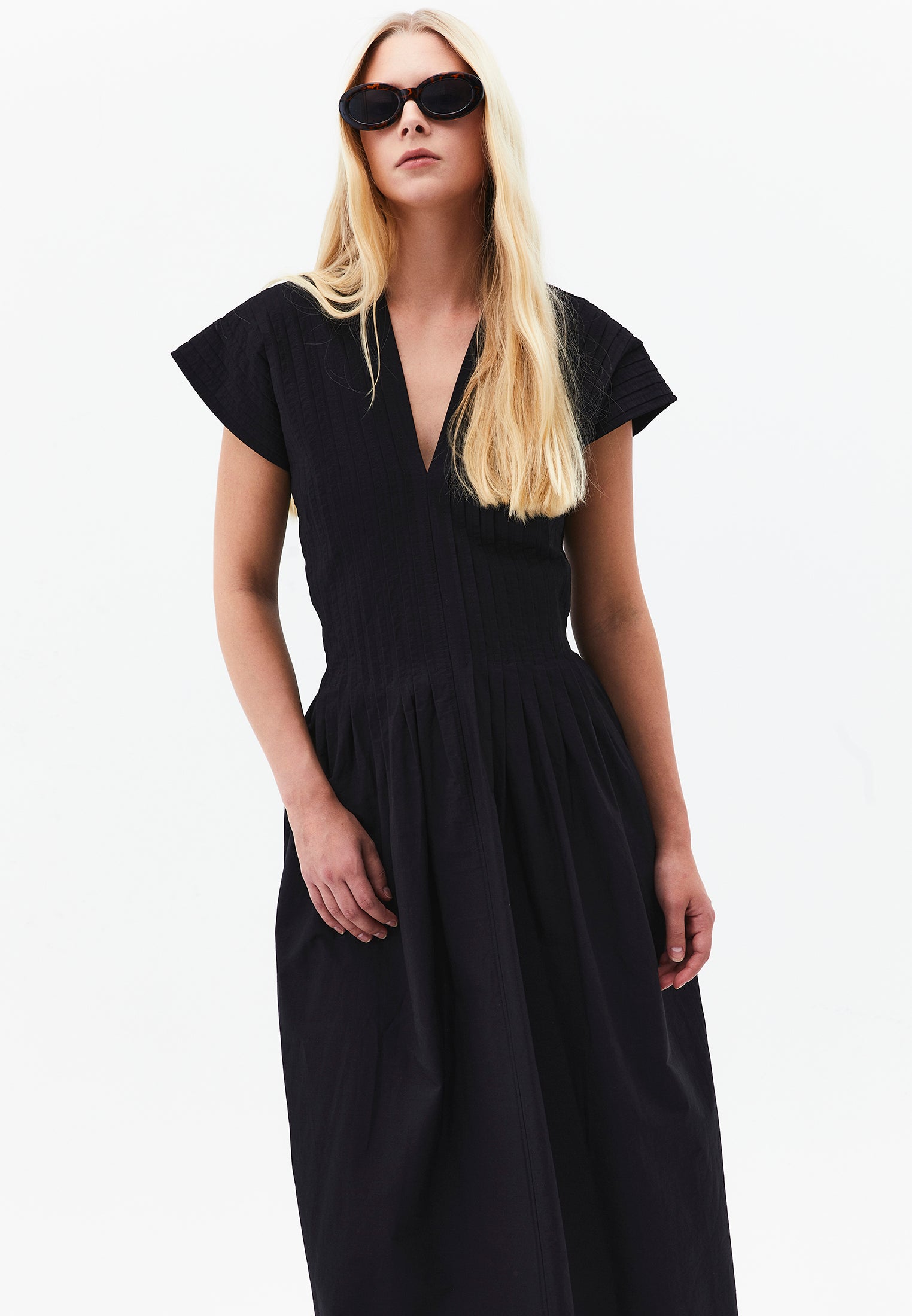 Long Flared V-Neck Dress - BLACK