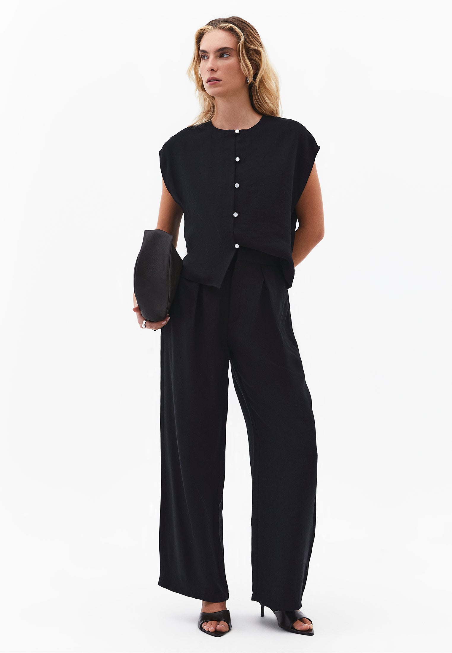 Loose Blouse With Boat Neck And Button Details - BLACK