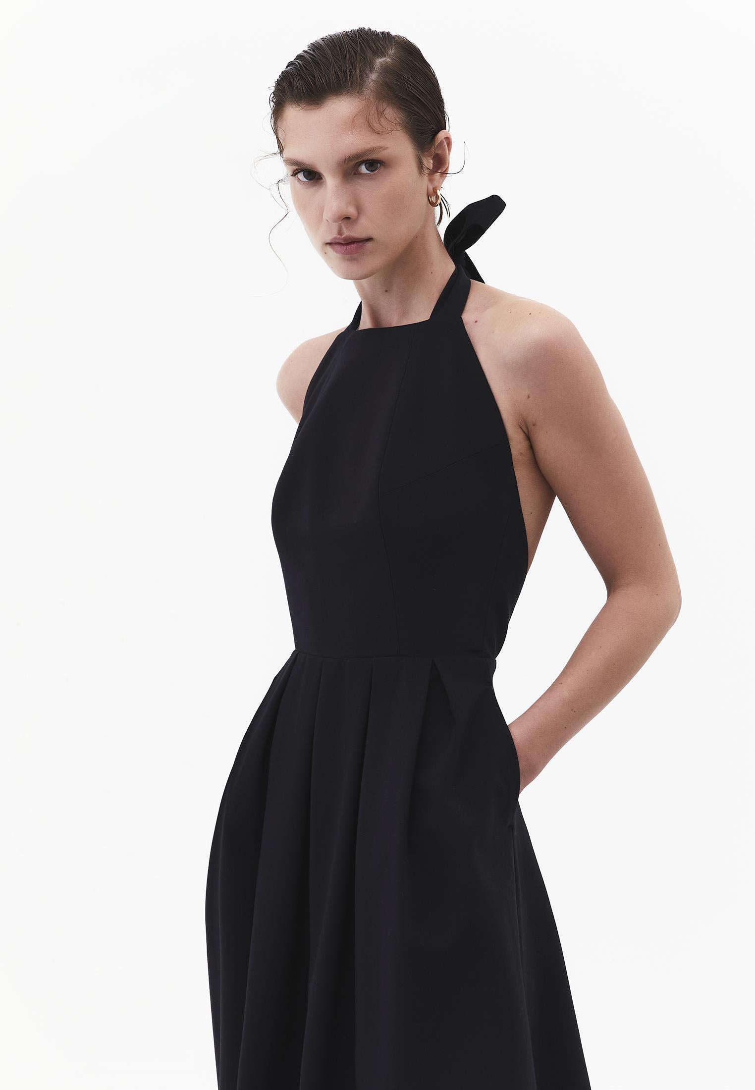 Tie Midi Dress With Crew Neck And A-Line - BLACK