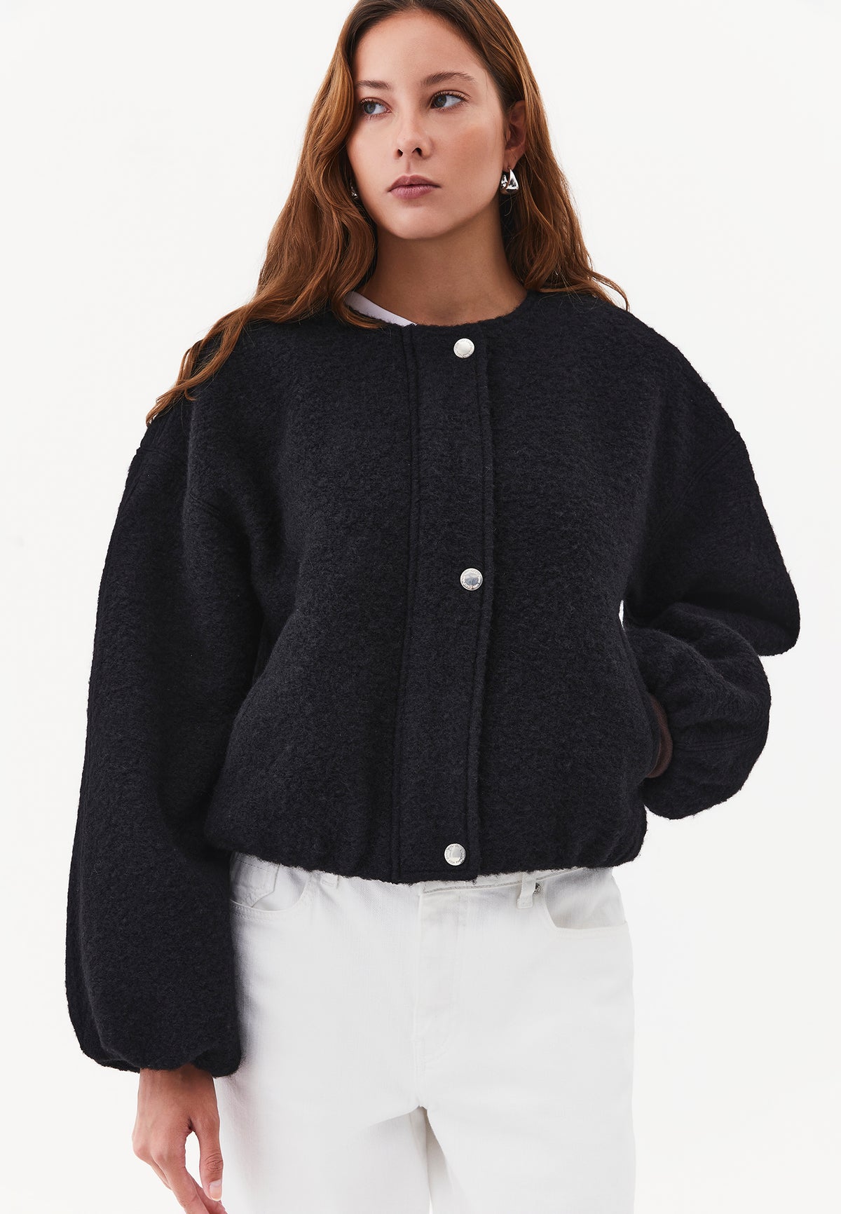 Balloon Sleeve Short Knitted Jacket - Black